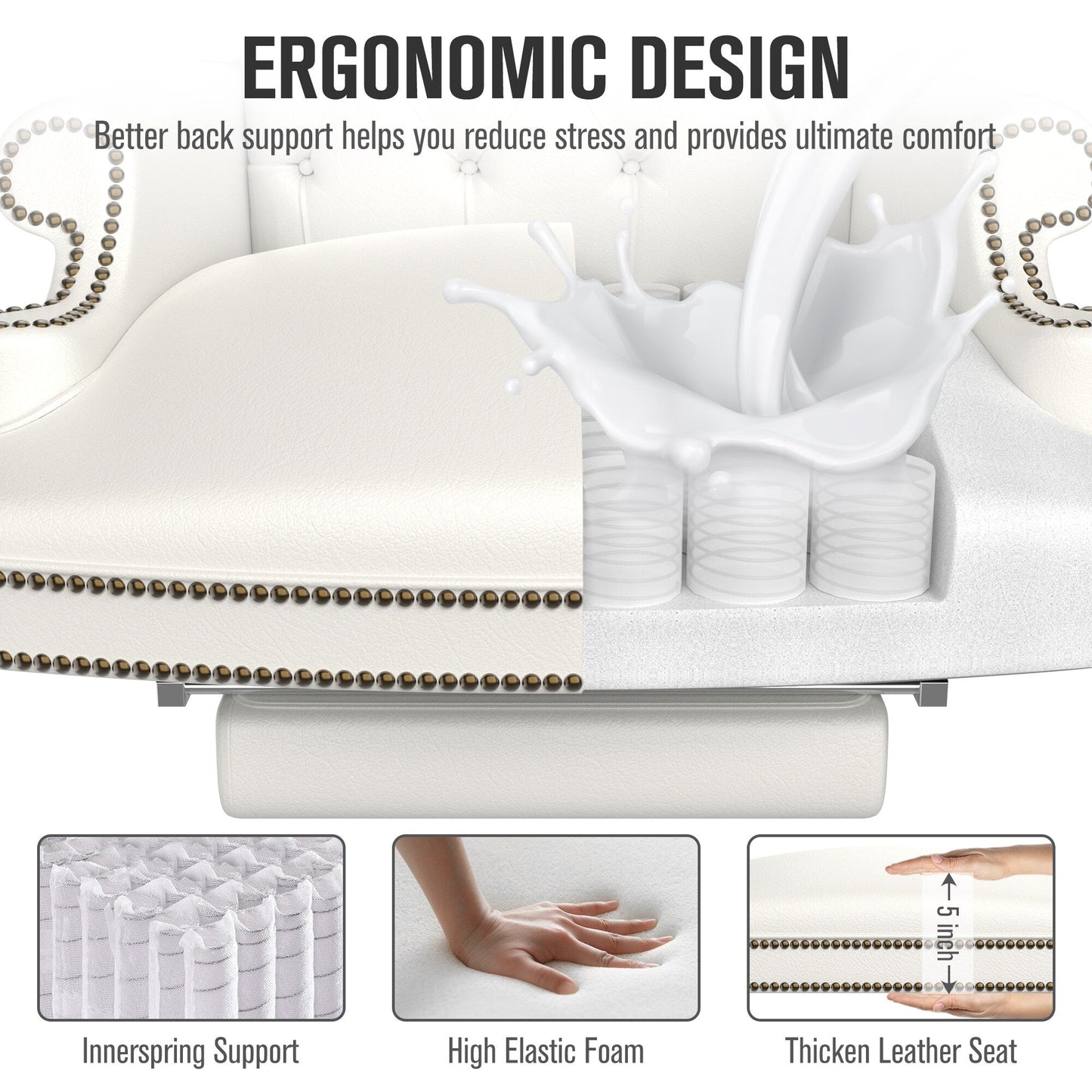 Fauteuil de bureau pivotant ergonomique en cuir PU blanc avec repose-pieds, dossier capitonné et décoration cloutée