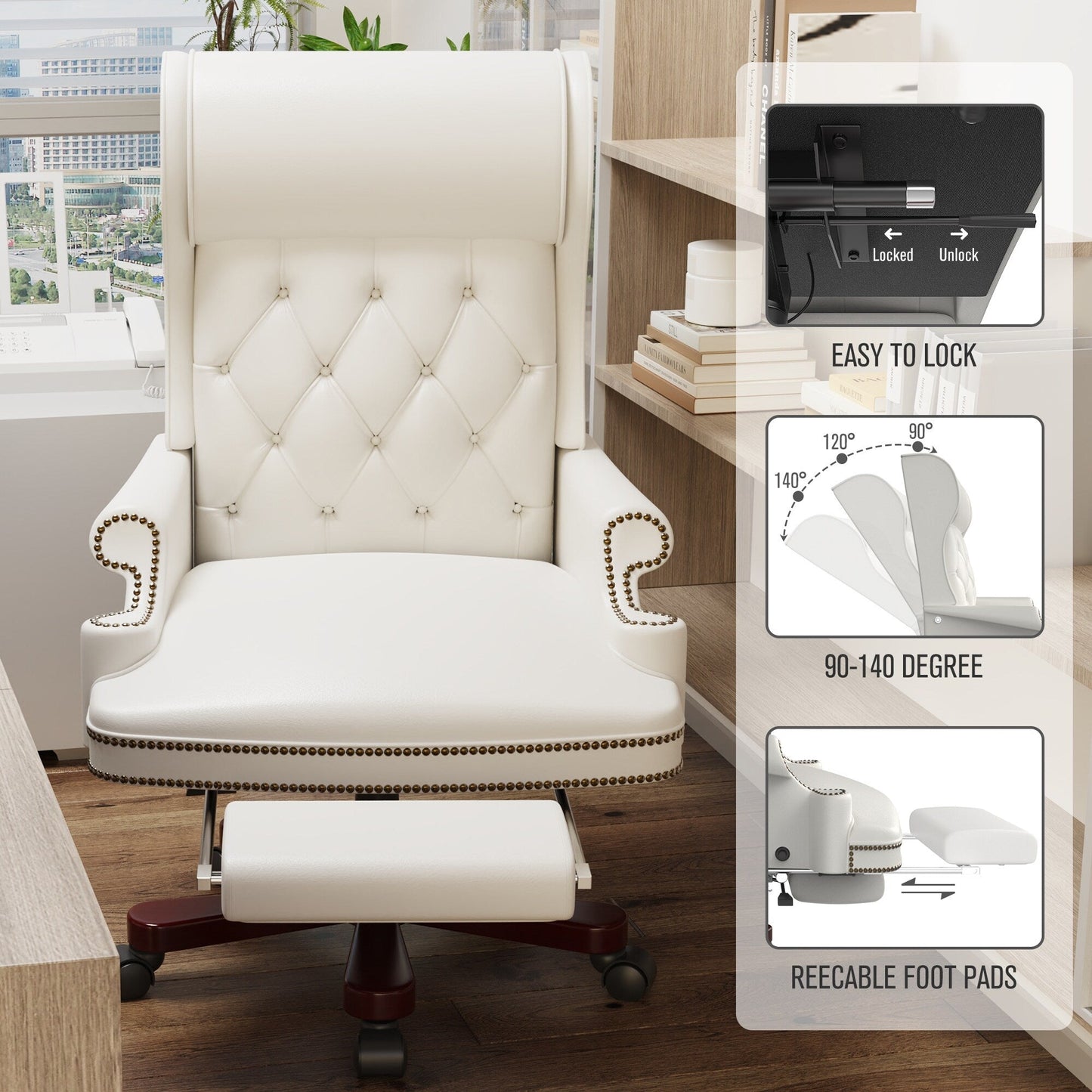 Fauteuil de bureau pivotant ergonomique en cuir PU blanc avec repose-pieds, dossier capitonné et décoration cloutée
