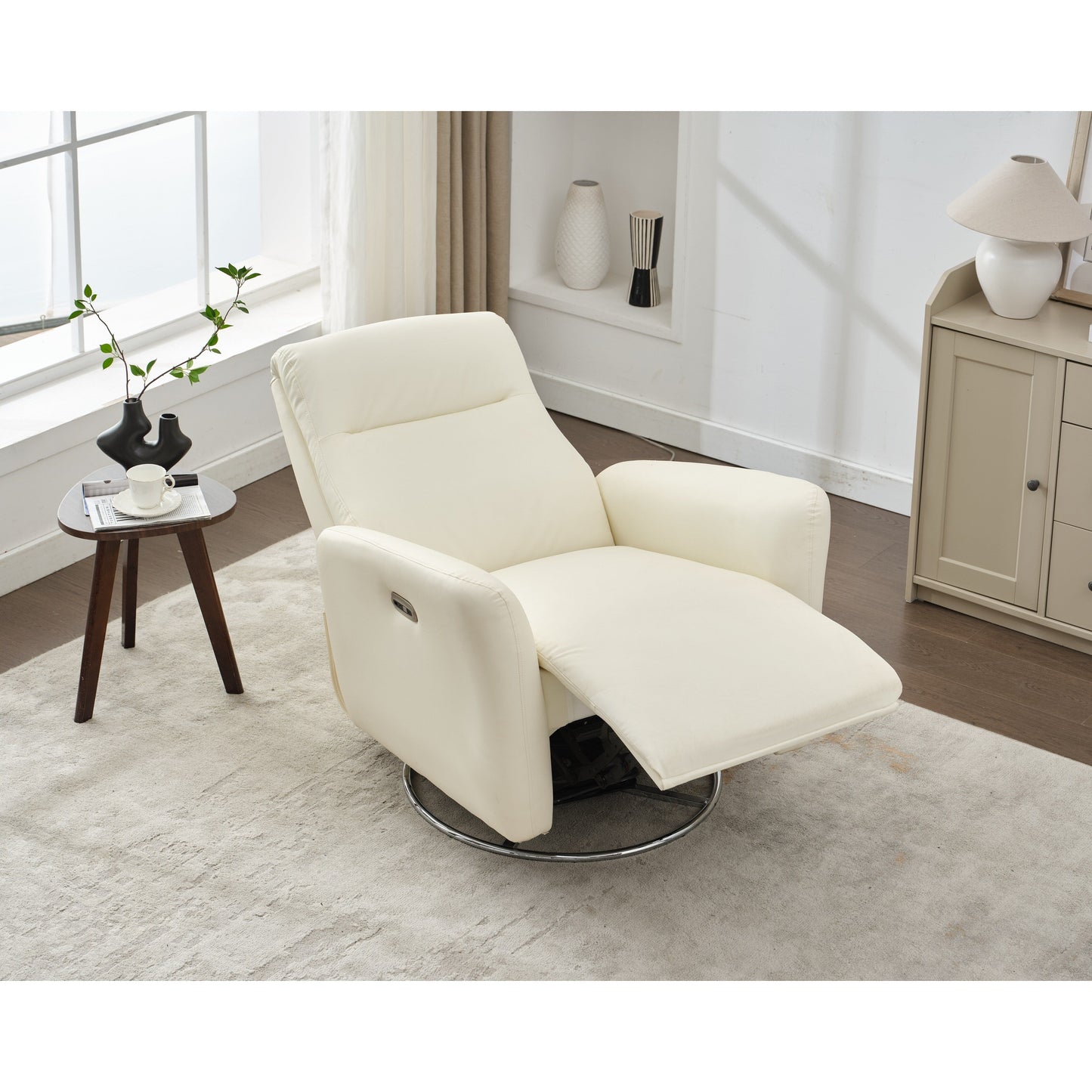 Fauteuil inclinable électrique pivotant à 270° en similicuir blanc avec dossier ergonomique, ports USB et Type-C