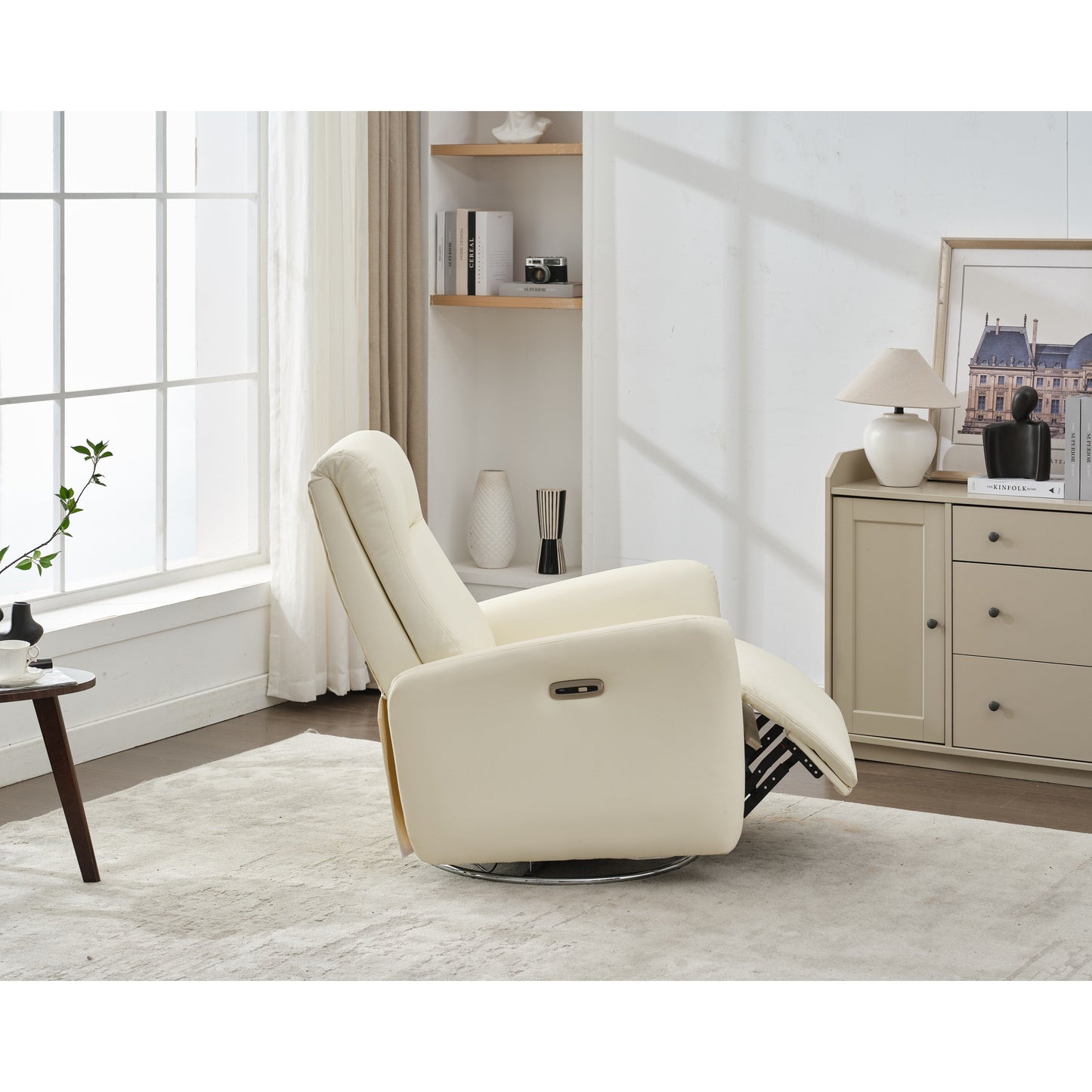 Fauteuil inclinable électrique pivotant à 270° en similicuir blanc avec dossier ergonomique, ports USB et Type-C