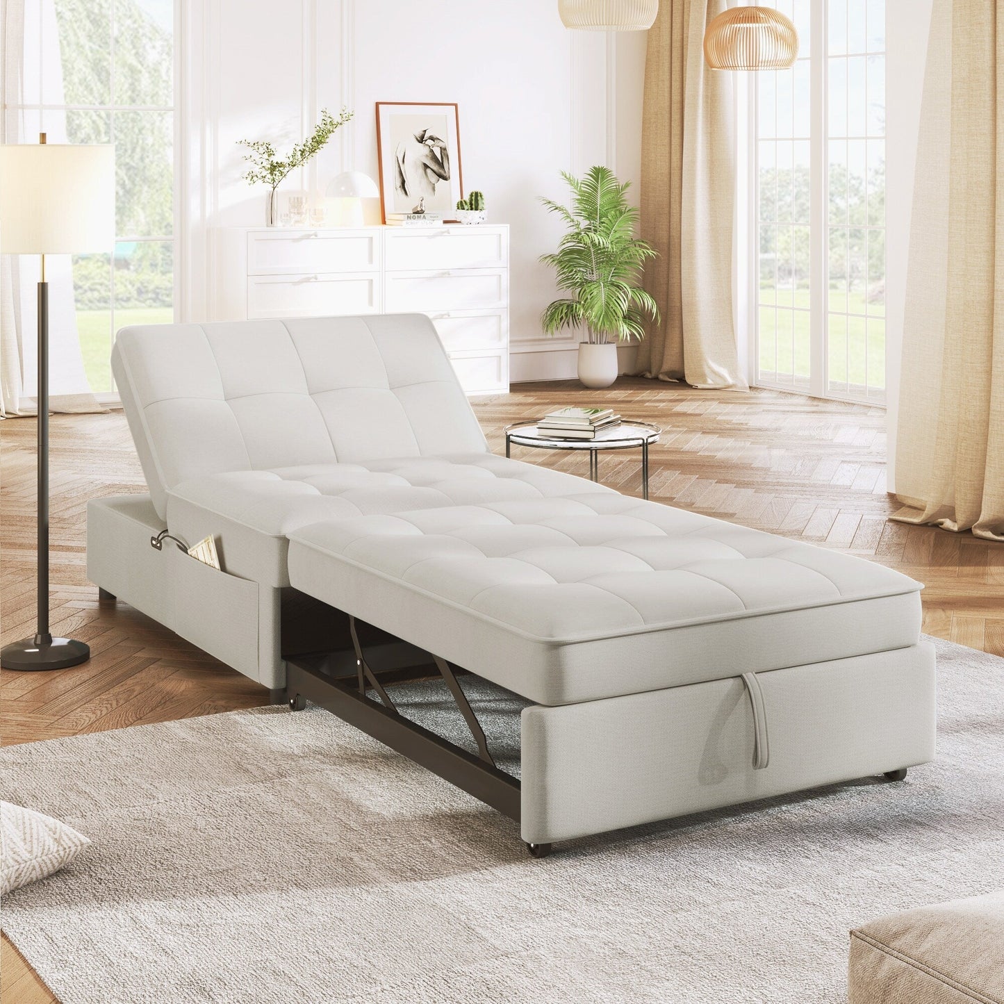 Canapé-lit ottoman en lin blanc avec poche de rangement et port USB