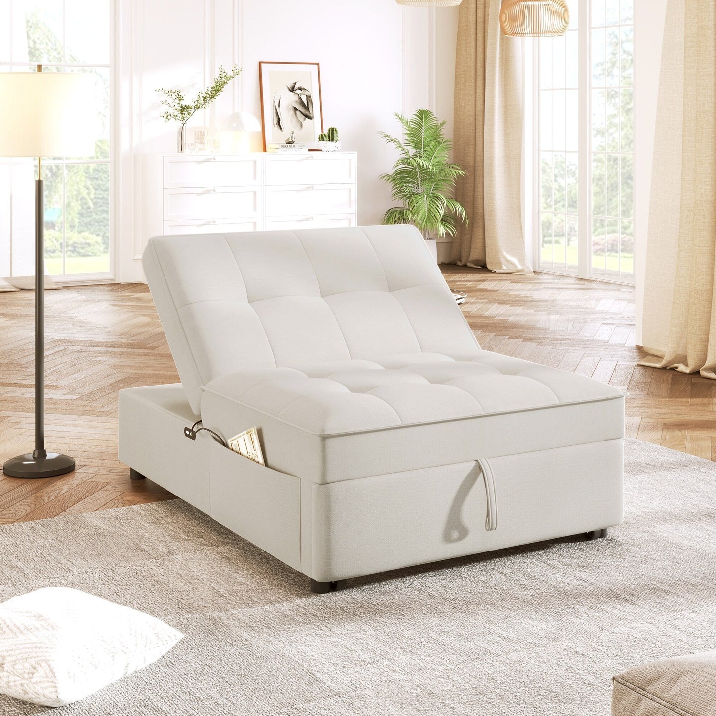 Canapé-lit ottoman en lin blanc avec poche de rangement et port USB