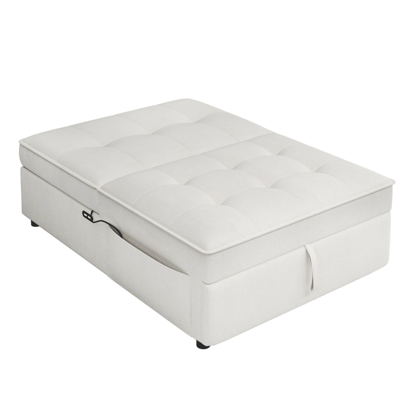 Canapé-lit ottoman en lin blanc avec poche de rangement et port USB