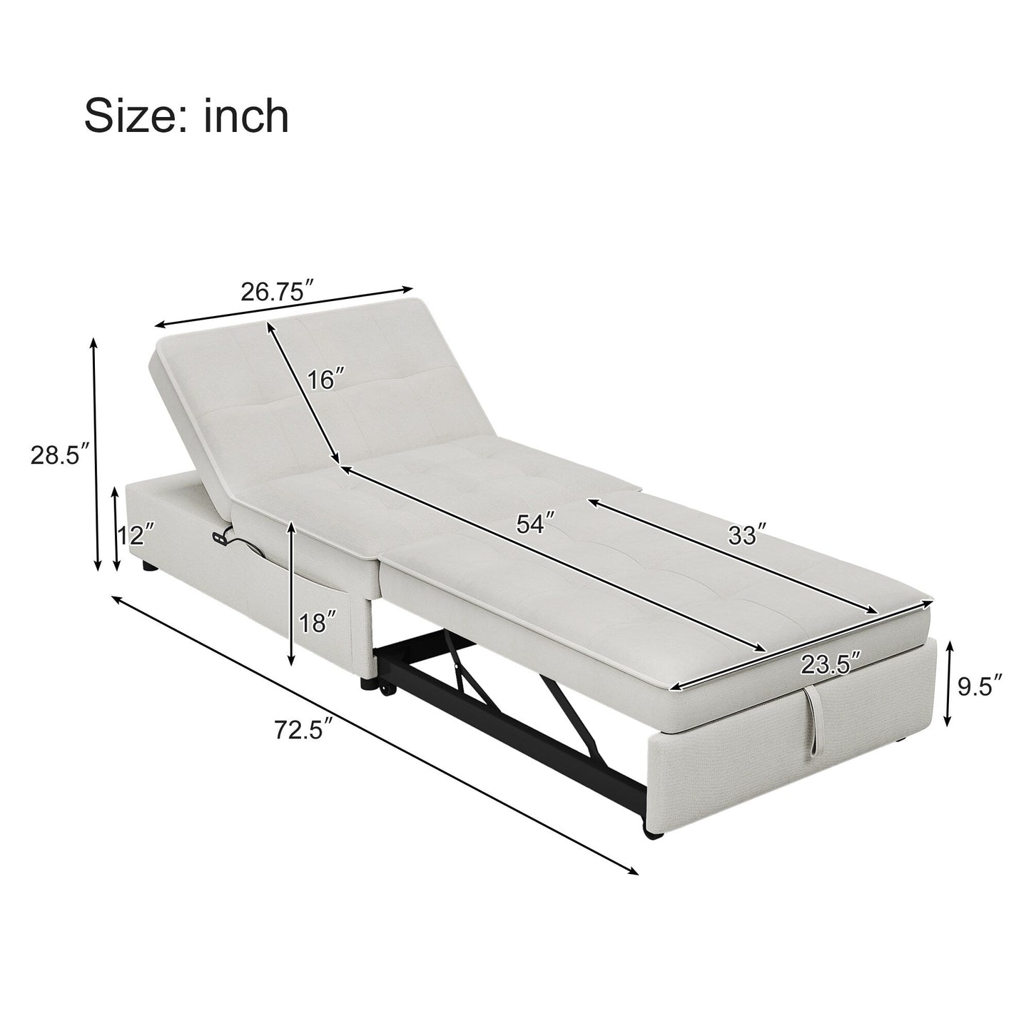 Canapé-lit ottoman en lin blanc avec poche de rangement et port USB