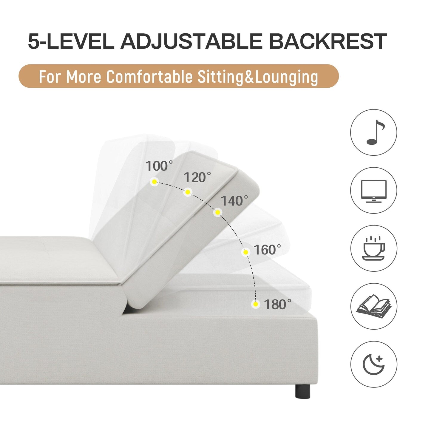 Canapé-lit ottoman en lin blanc avec poche de rangement et port USB