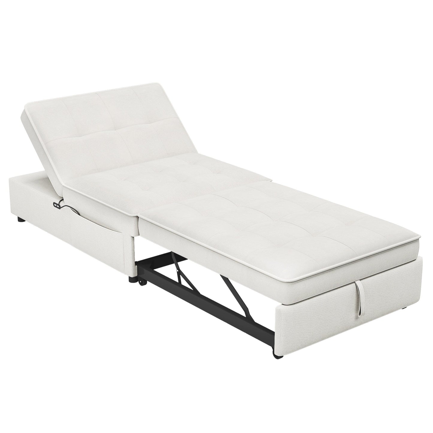 Canapé-lit ottoman en lin blanc avec poche de rangement et port USB