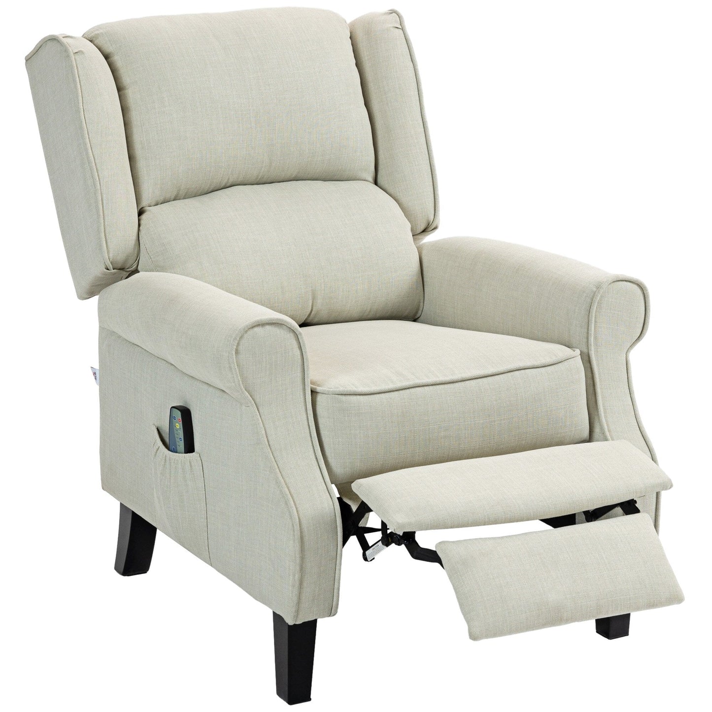 Fauteuil inclinable à oreilles en lin blanc avec massage par vibrations, chauffage et repose-pieds