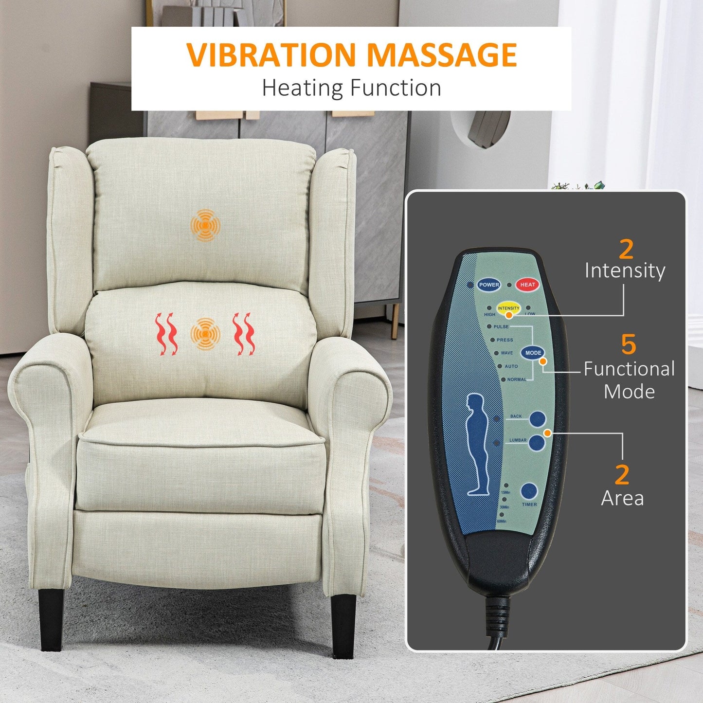 Fauteuil inclinable à oreilles en lin blanc avec massage par vibrations, chauffage et repose-pieds