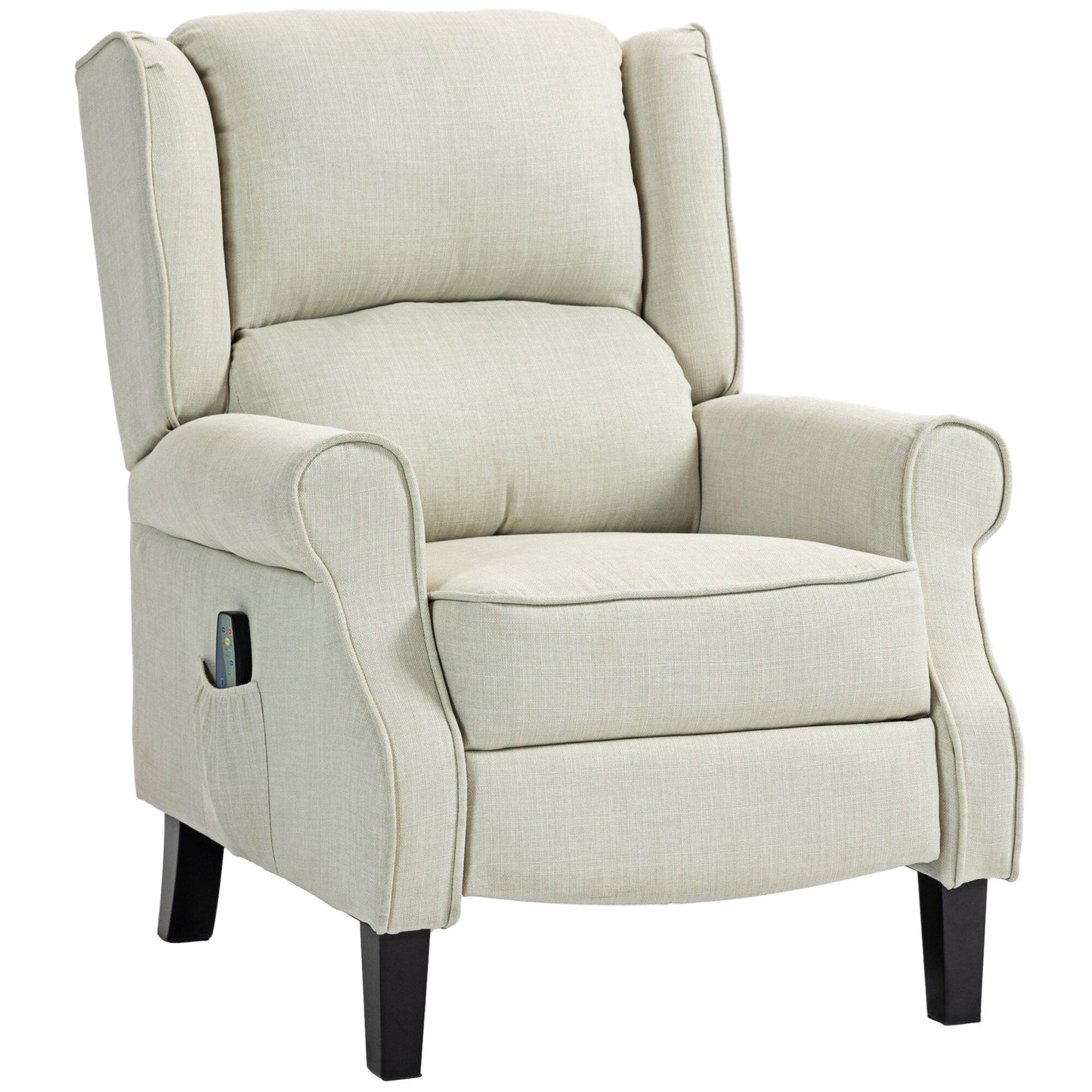 Fauteuil inclinable à oreilles en lin blanc avec massage par vibrations, chauffage et repose-pieds