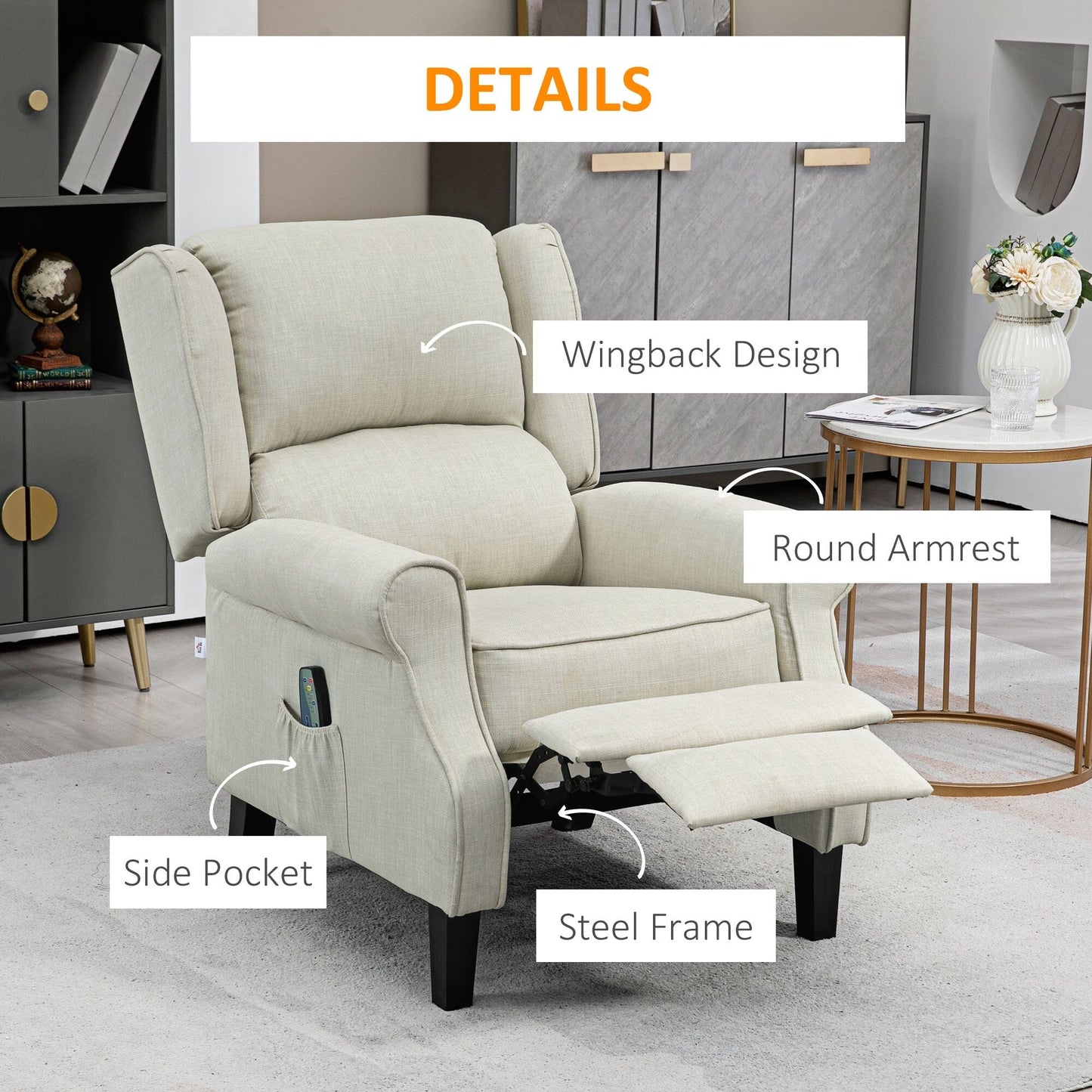 Fauteuil inclinable à oreilles en lin blanc avec massage par vibrations, chauffage et repose-pieds