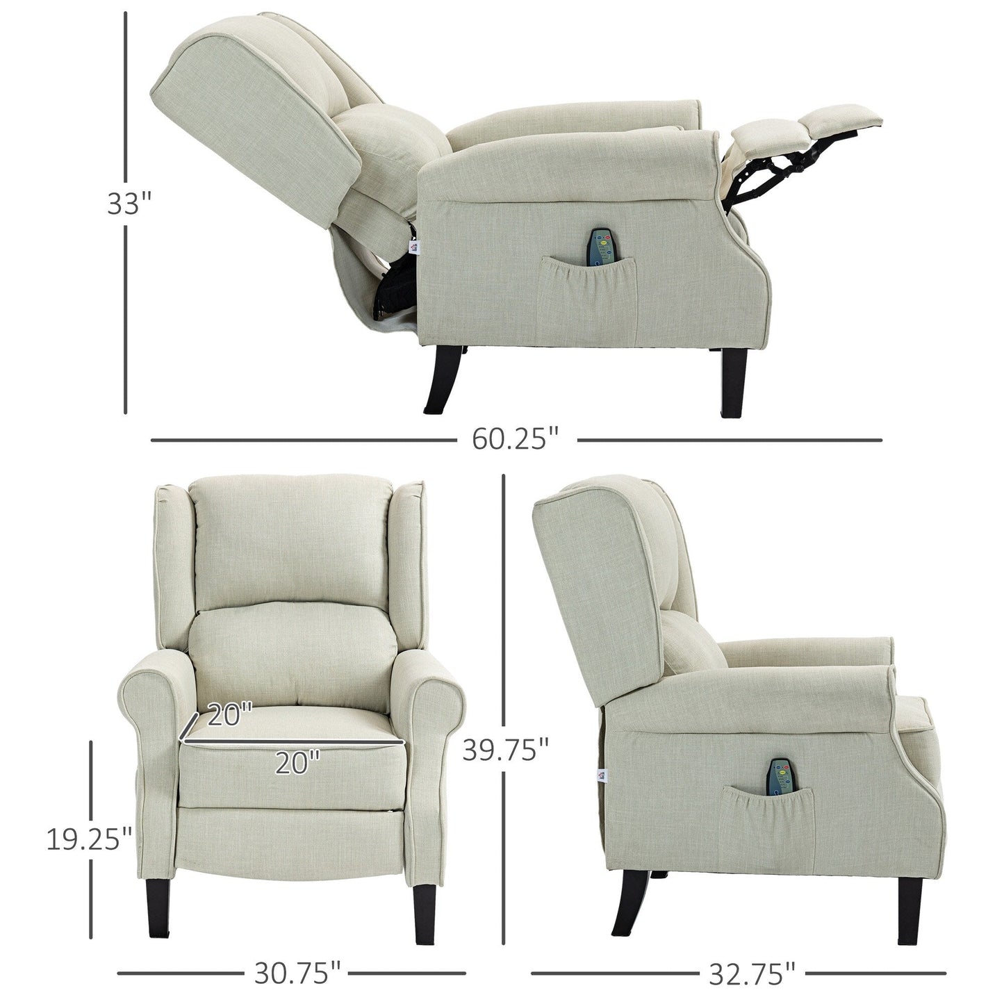 Fauteuil inclinable à oreilles en lin blanc avec massage par vibrations, chauffage et repose-pieds