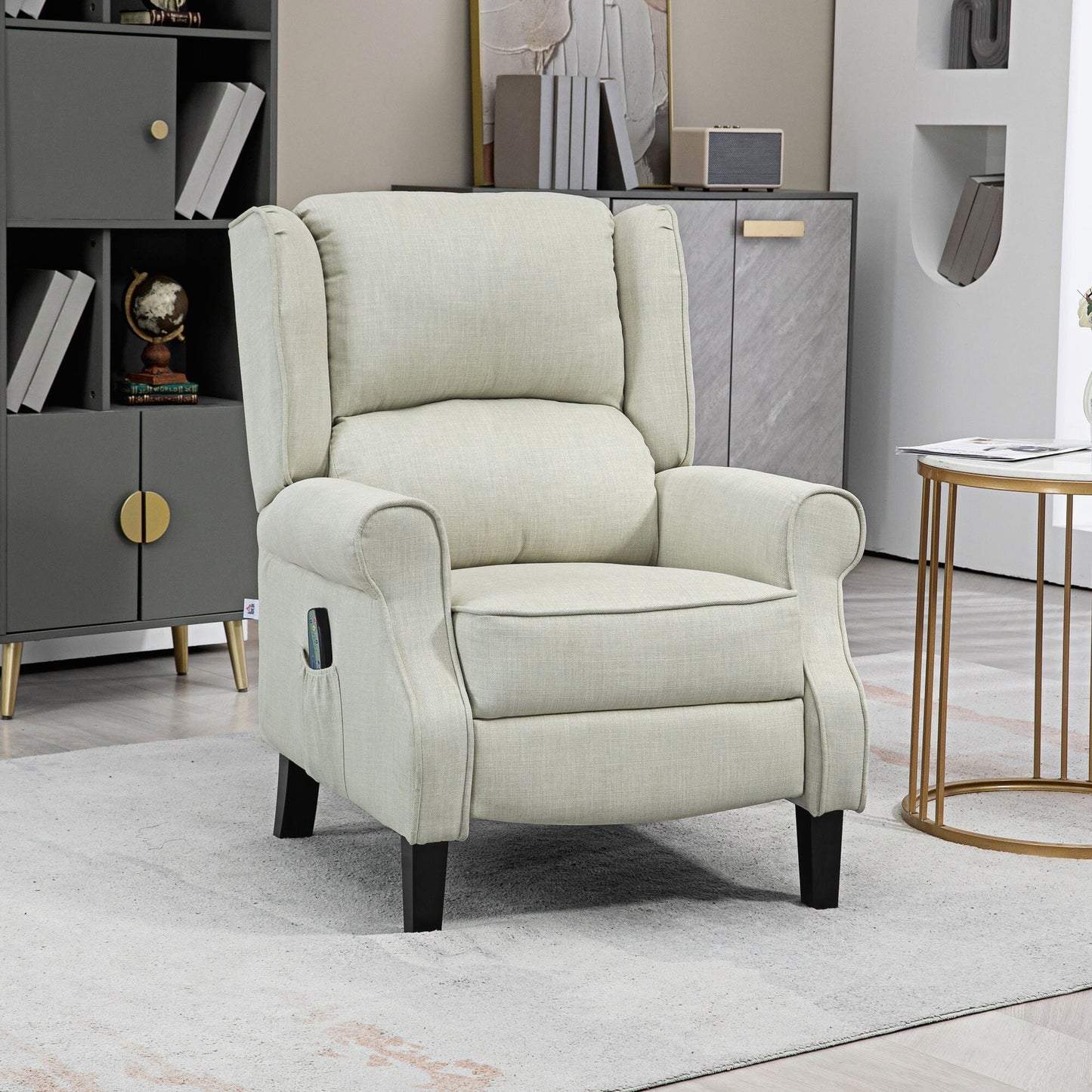 Fauteuil inclinable à oreilles en lin blanc avec massage par vibrations, chauffage et repose-pieds