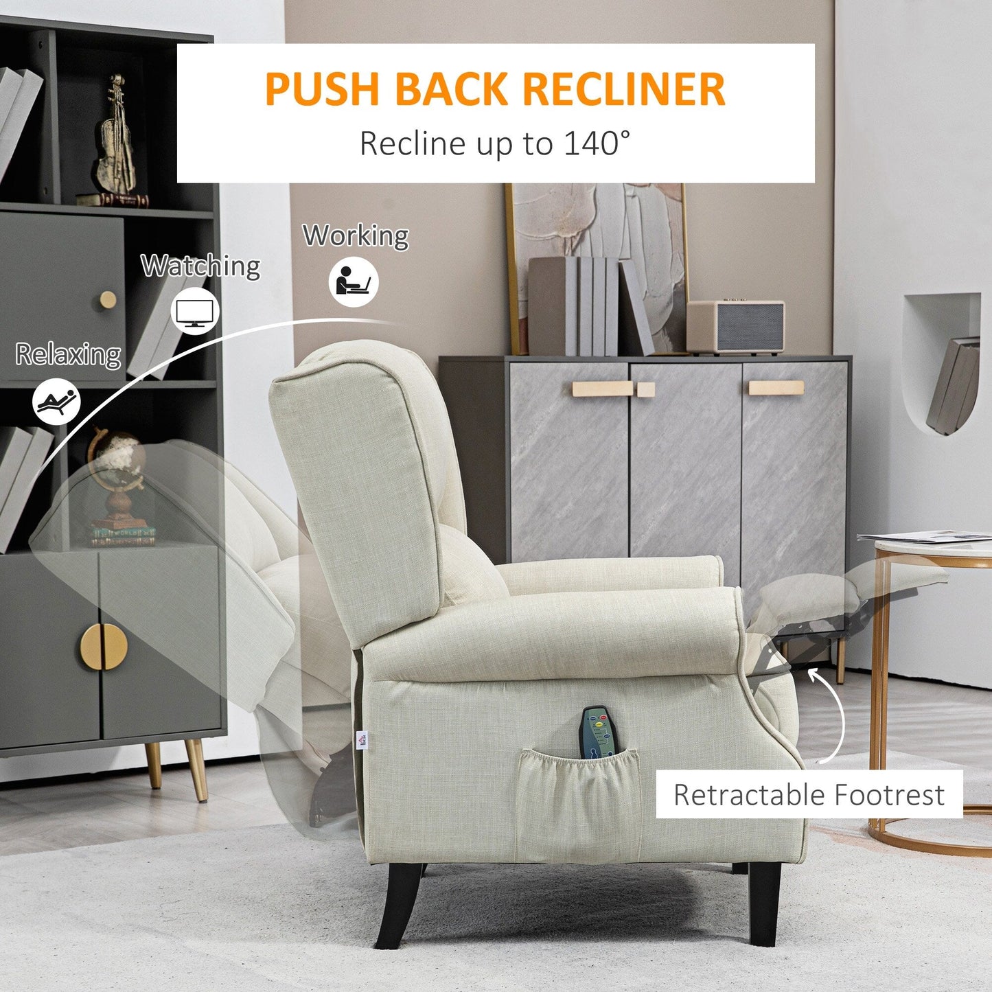 Fauteuil inclinable à oreilles en lin blanc avec massage par vibrations, chauffage et repose-pieds