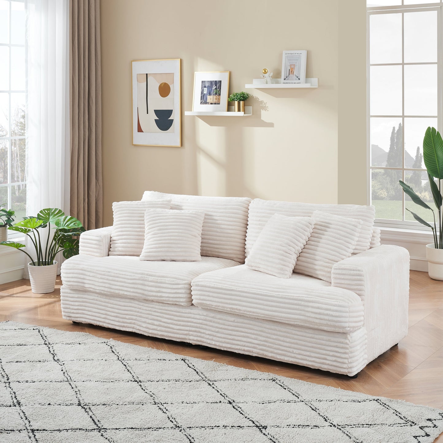 Canapé 3 places en velours côtelé blanc moderne 79,3 avec 4 coussins assortis et coussin à ressorts individuel pour le salon