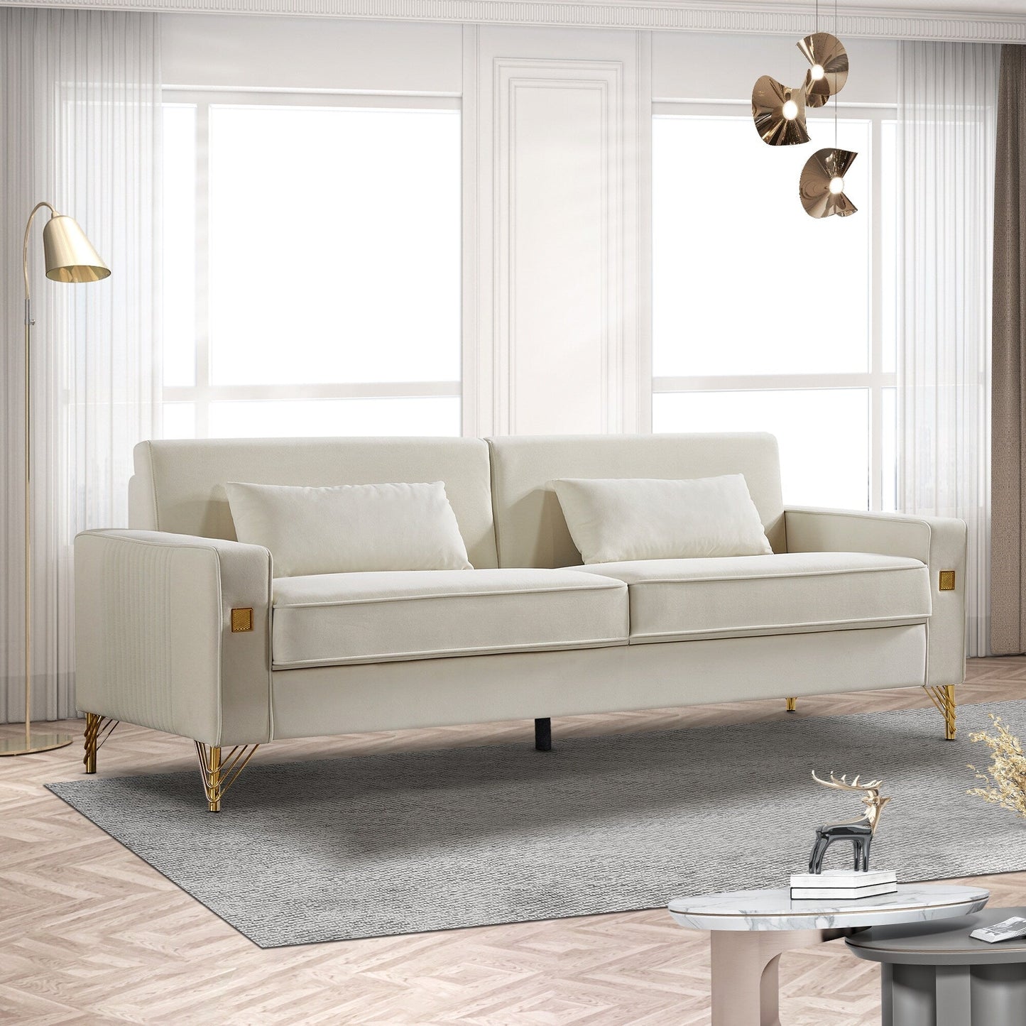 Canapé causeuse moderne blanc 85,44 po, rembourré en velours, avec pieds et coussins dorés, pour le salon