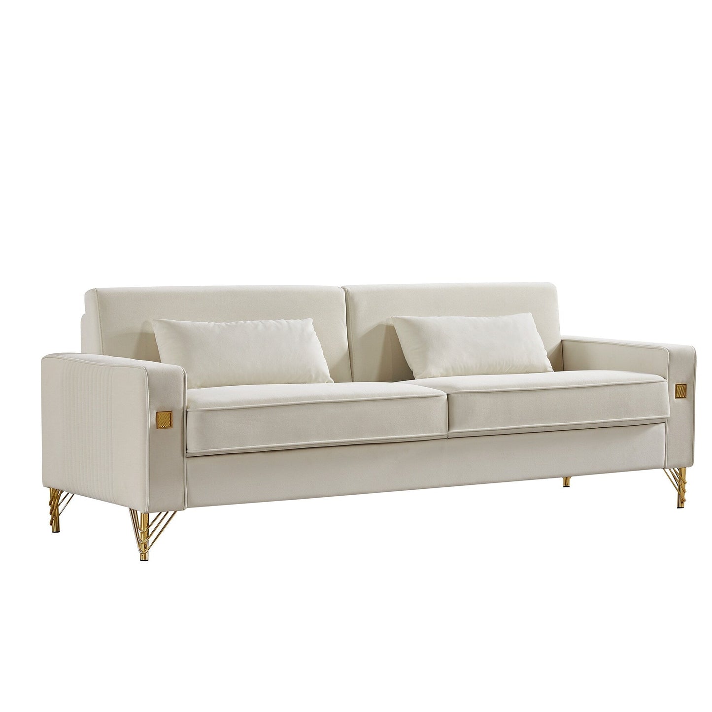 Canapé causeuse moderne blanc 85,44 po, rembourré en velours, avec pieds et coussins dorés, pour le salon