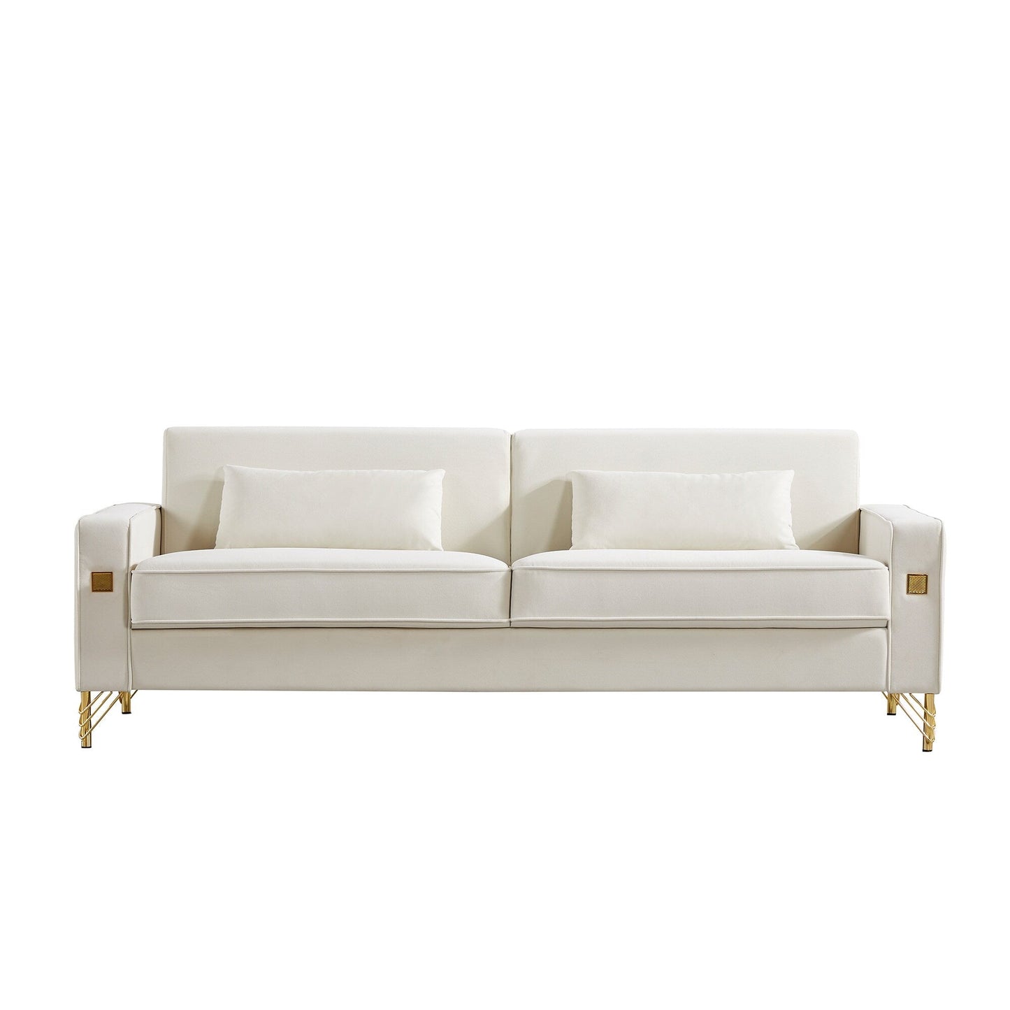 Canapé causeuse moderne blanc 85,44 po, rembourré en velours, avec pieds et coussins dorés, pour le salon