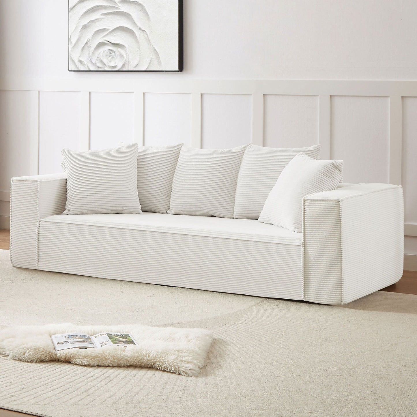 Canapé 3 places moderne et blanc en velours côtelé (88,97 €) avec 5 coussins assortis pour le salon