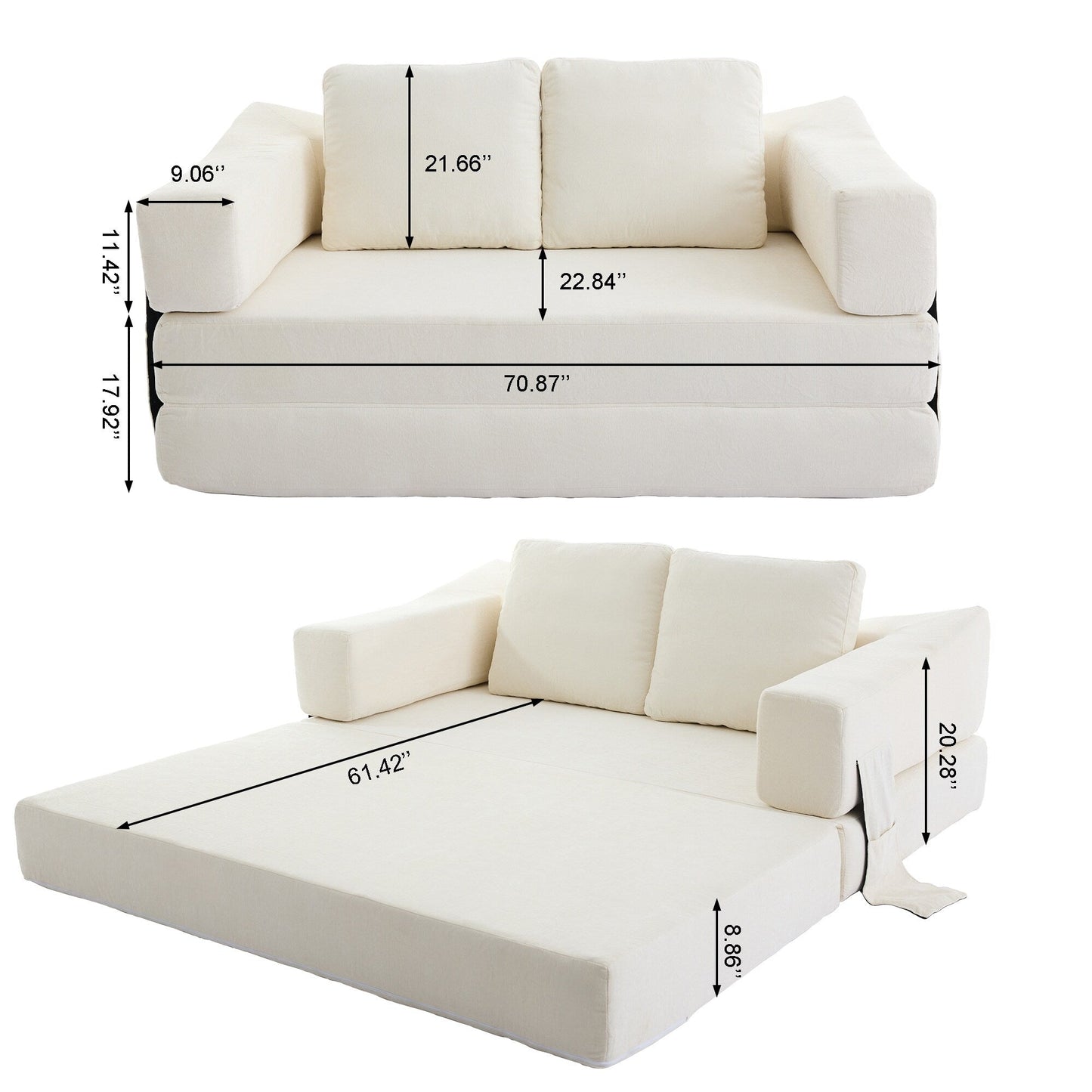 Canapé-lit convertible en chenille blanc moderne et minimaliste 70,87 pouces avec dossier amovible pour salon