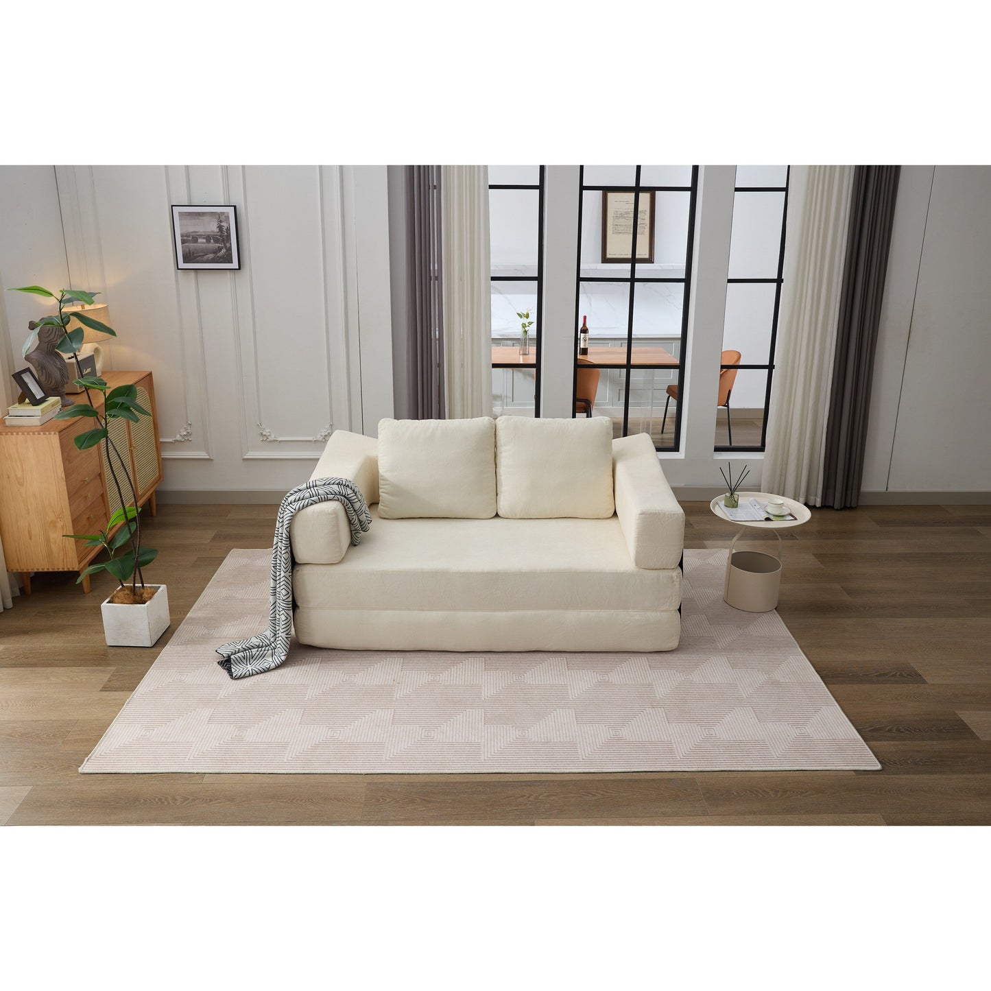 Canapé-lit convertible en chenille blanc moderne et minimaliste 70,87 pouces avec dossier amovible pour salon