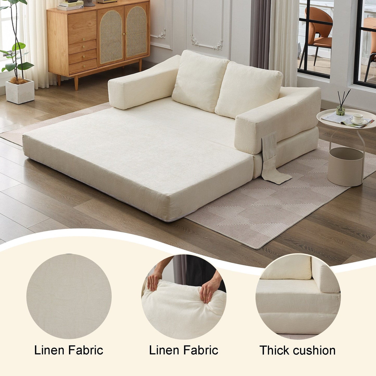 Canapé-lit convertible en chenille blanc moderne et minimaliste 70,87 pouces avec dossier amovible pour salon