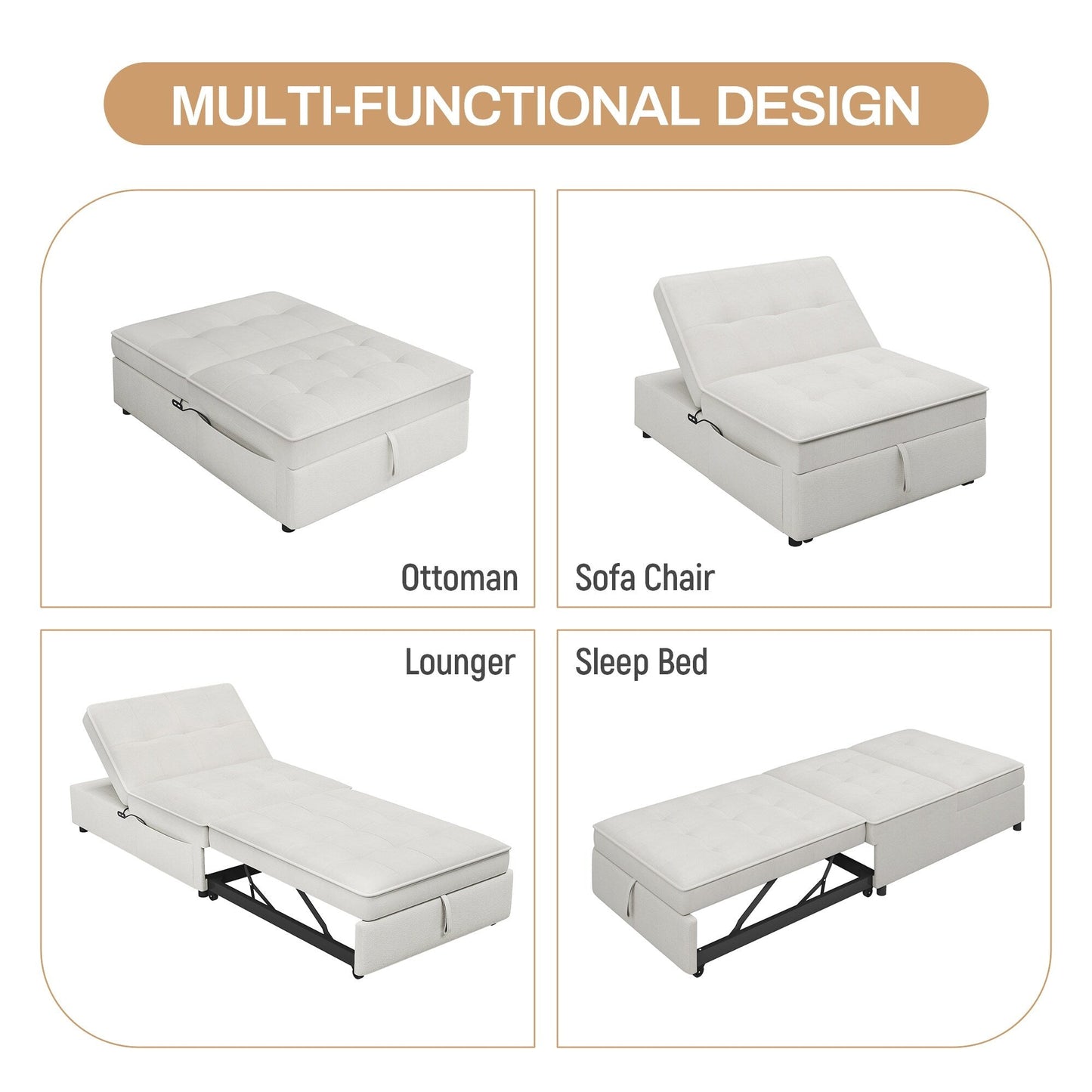 Canapé-lit ottoman 4 en 1 en lin blanc multifonction 72,5" avec poche de rangement et port USB pour le salon