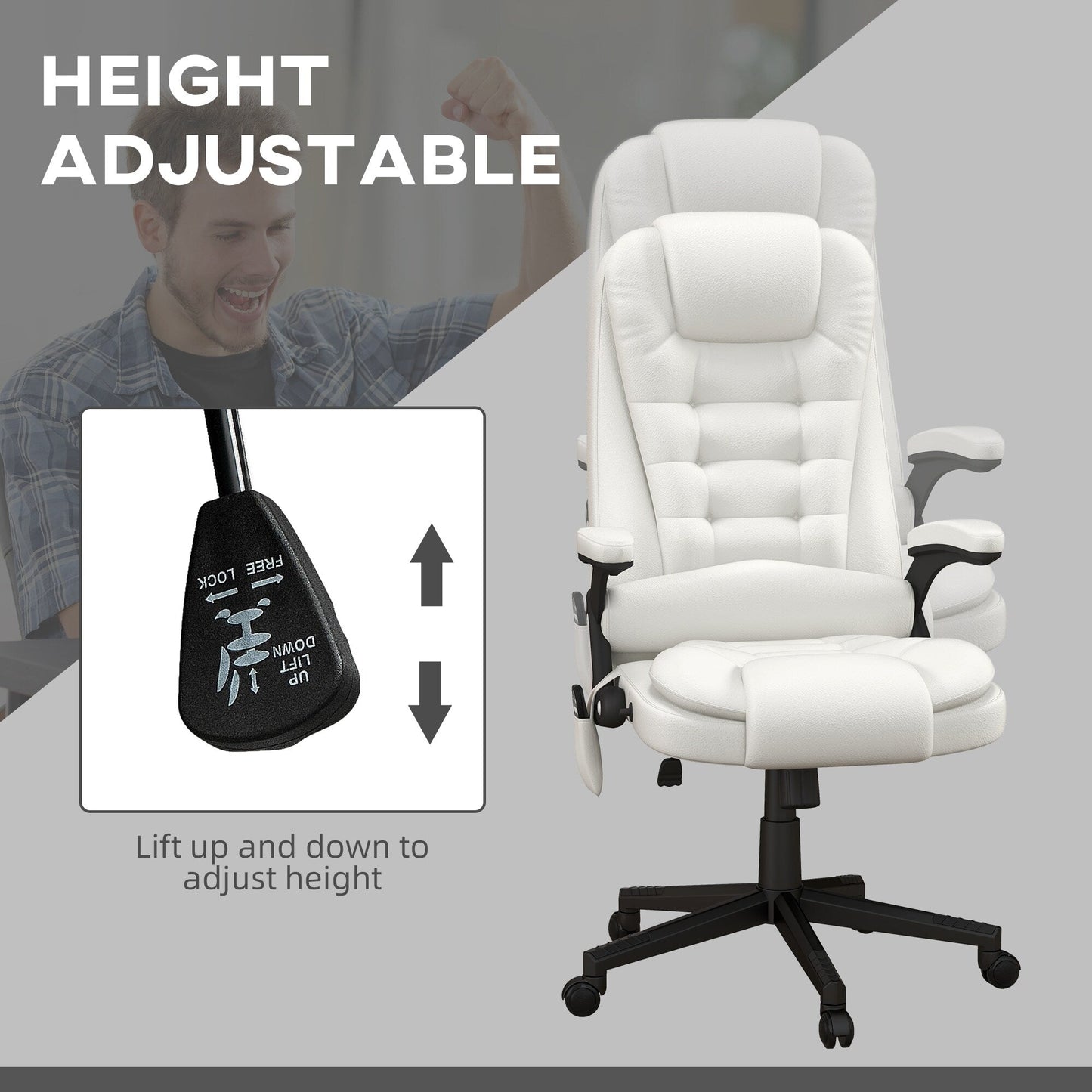 Fauteuil de bureau inclinable pivotant à 360° en cuir PU blanc avec dossier haut, massage par vibrations, chauffage lombaire et hauteur réglable