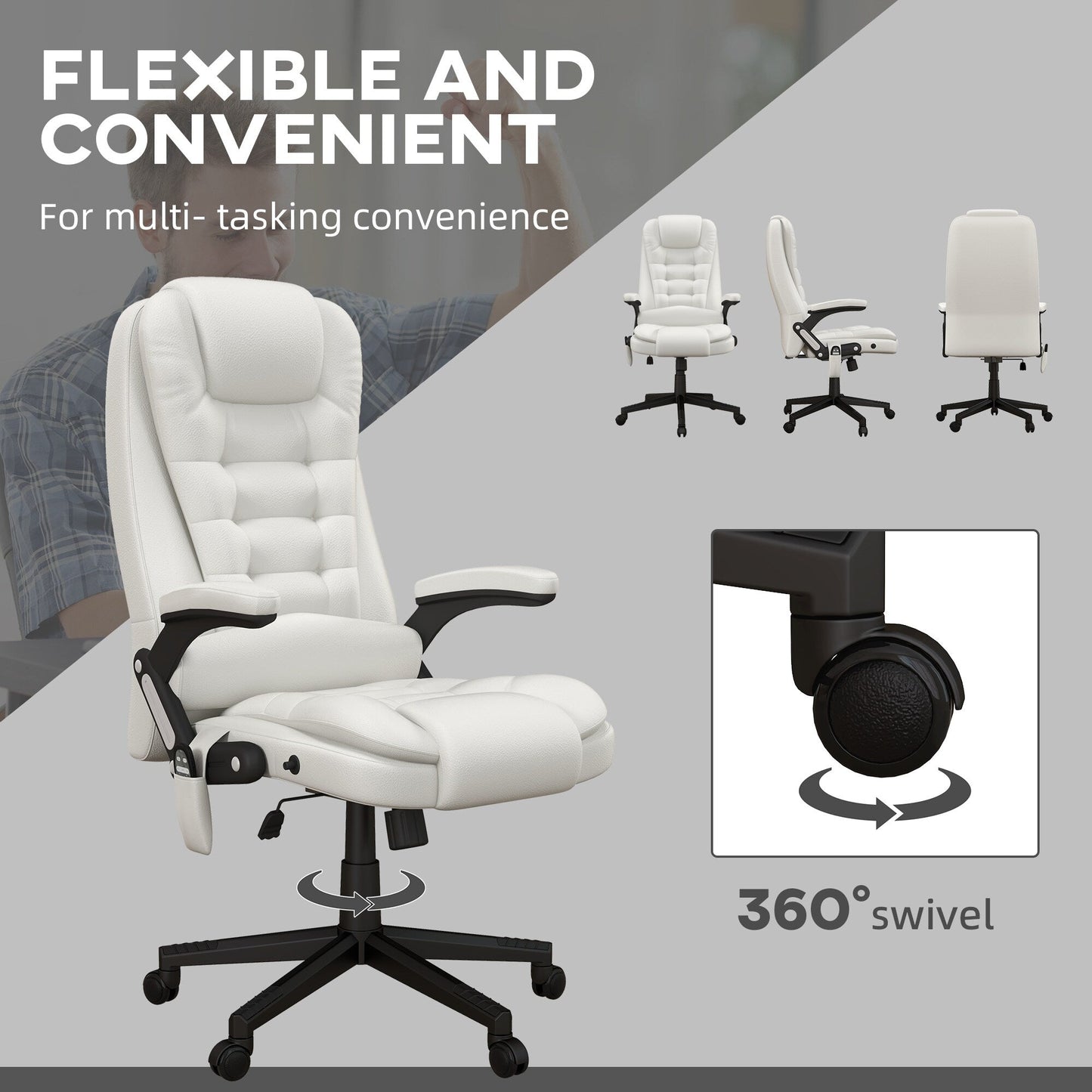 Fauteuil de bureau inclinable pivotant à 360° en cuir PU blanc avec dossier haut, massage par vibrations, chauffage lombaire et hauteur réglable