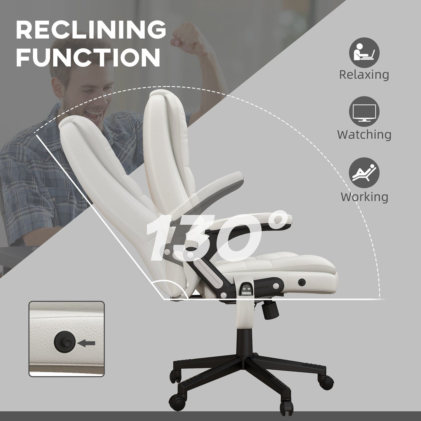 Fauteuil de bureau inclinable pivotant à 360° en cuir PU blanc avec dossier haut, massage par vibrations, chauffage lombaire et hauteur réglable