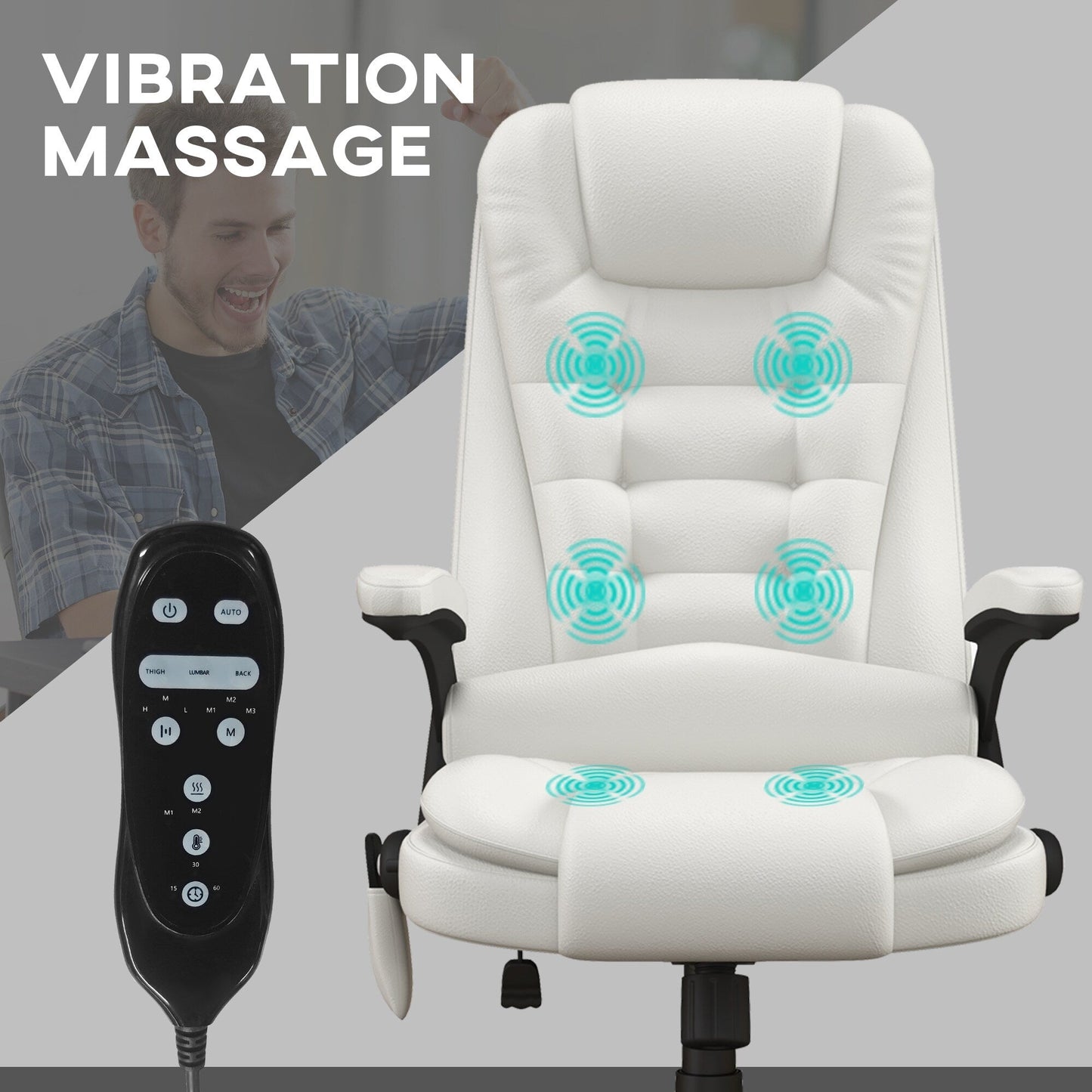 Fauteuil de bureau inclinable pivotant à 360° en cuir PU blanc avec dossier haut, massage par vibrations, chauffage lombaire et hauteur réglable