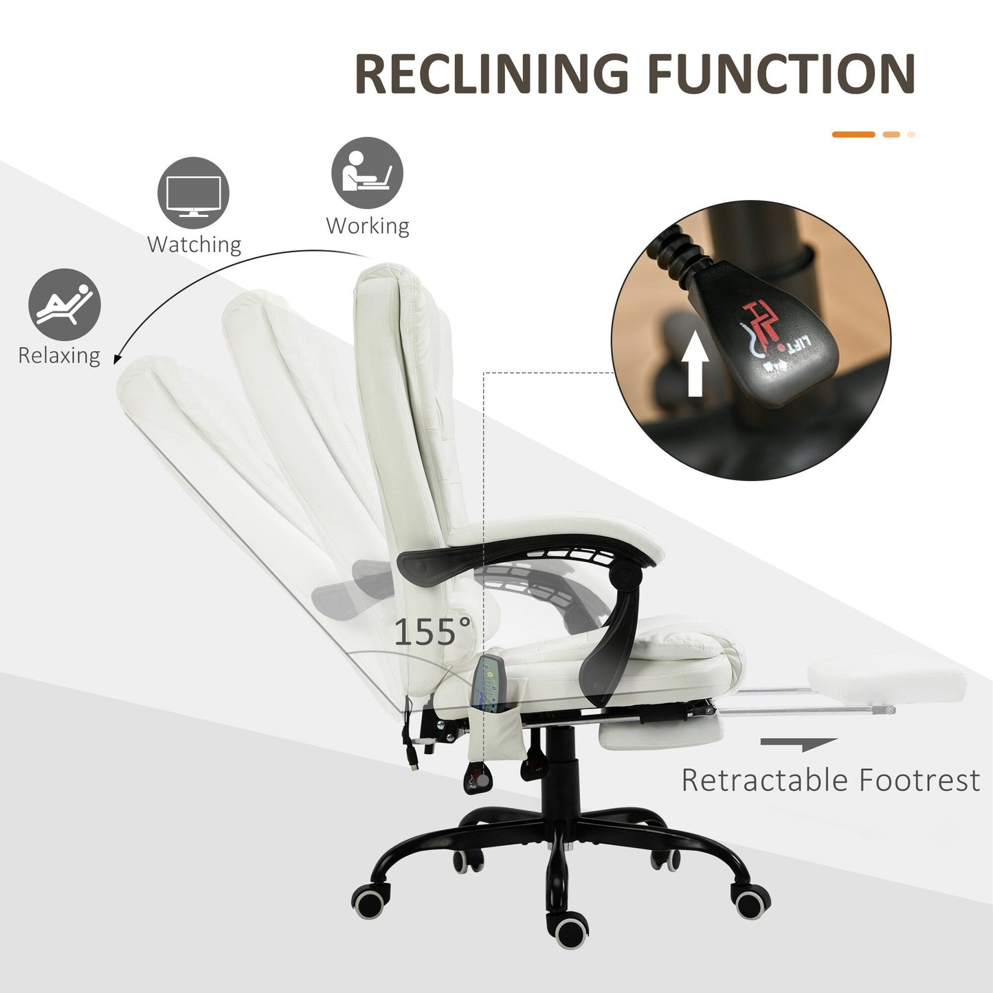 Chaise de bureau en cuir PU blanc avec massage vibrant à 7 points, dossier haut, inclinaison réglable, soutien lombaire et repose-pieds
