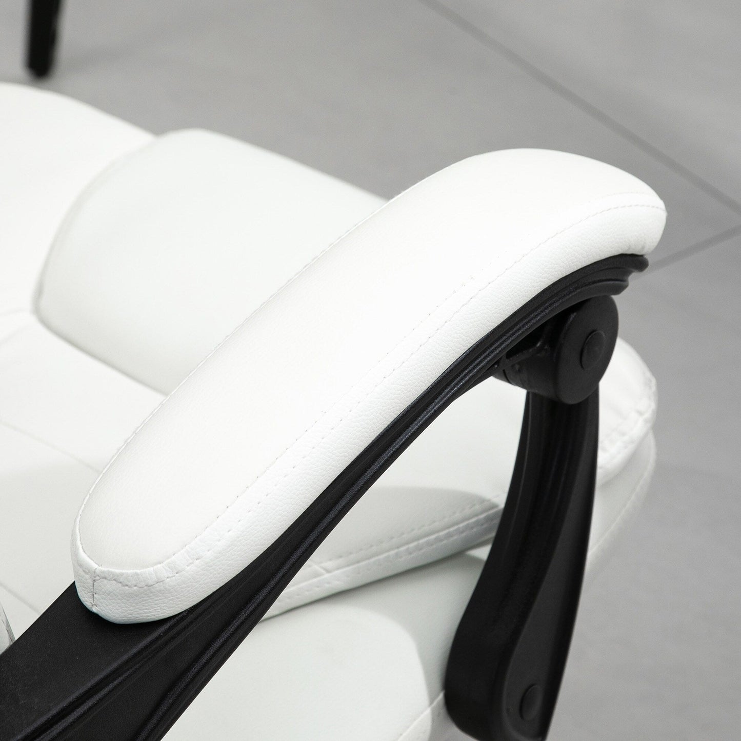 Chaise de bureau en cuir PU blanc avec massage vibrant à 7 points, dossier haut, inclinaison réglable, soutien lombaire et repose-pieds