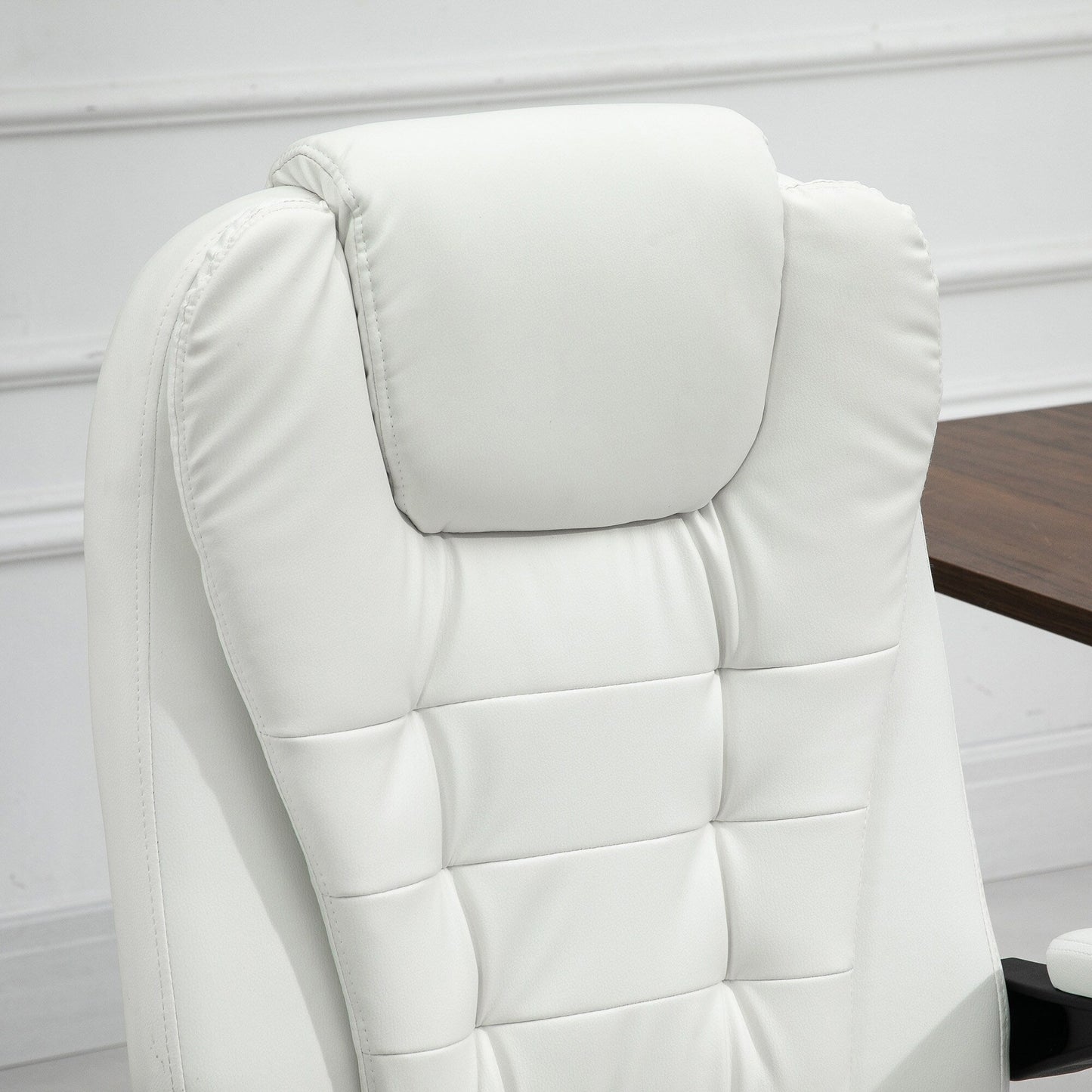 Chaise de bureau en cuir PU blanc avec massage vibrant à 7 points, dossier haut, inclinaison réglable, soutien lombaire et repose-pieds