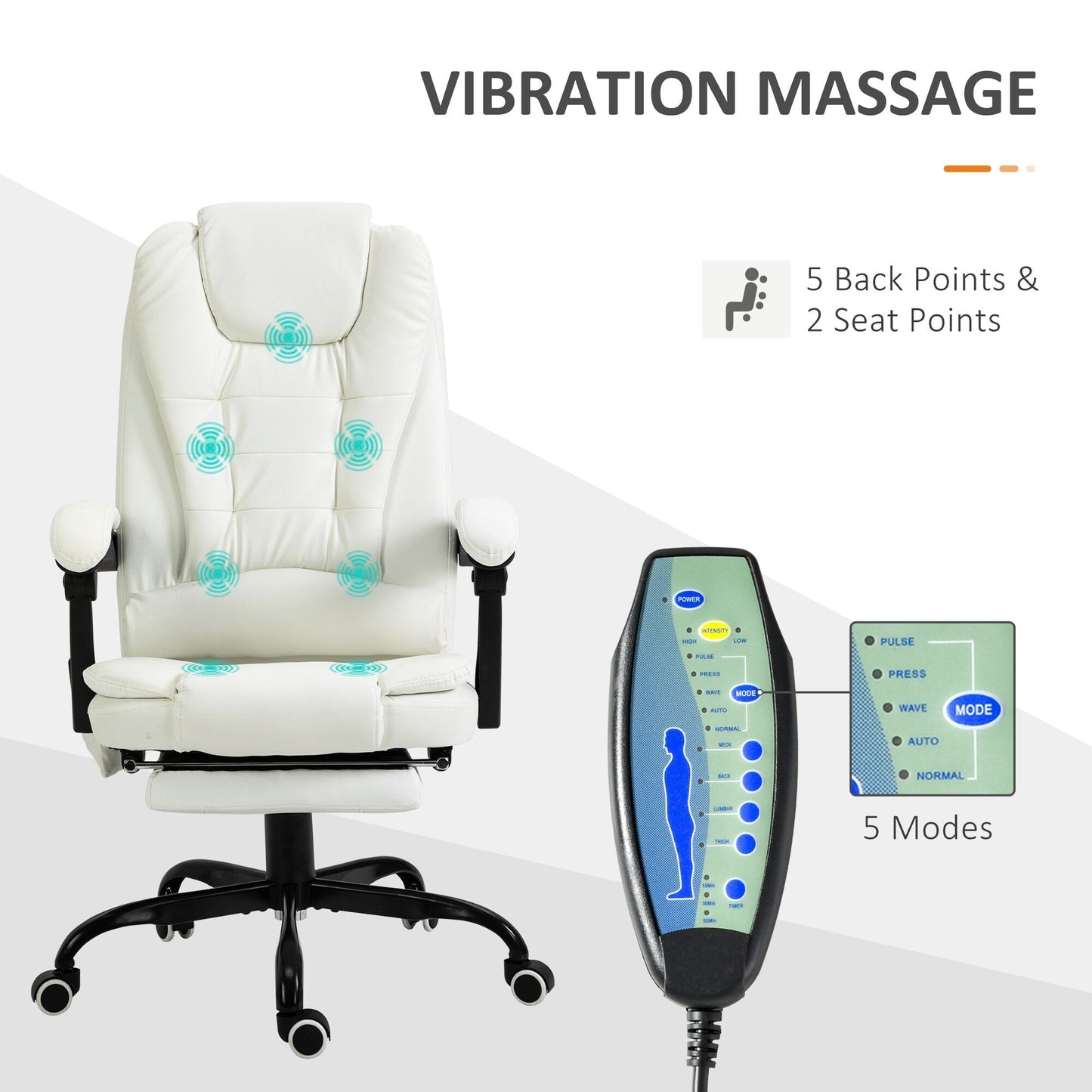 Chaise de bureau en cuir PU blanc avec massage vibrant à 7 points, dossier haut, inclinaison réglable, soutien lombaire et repose-pieds