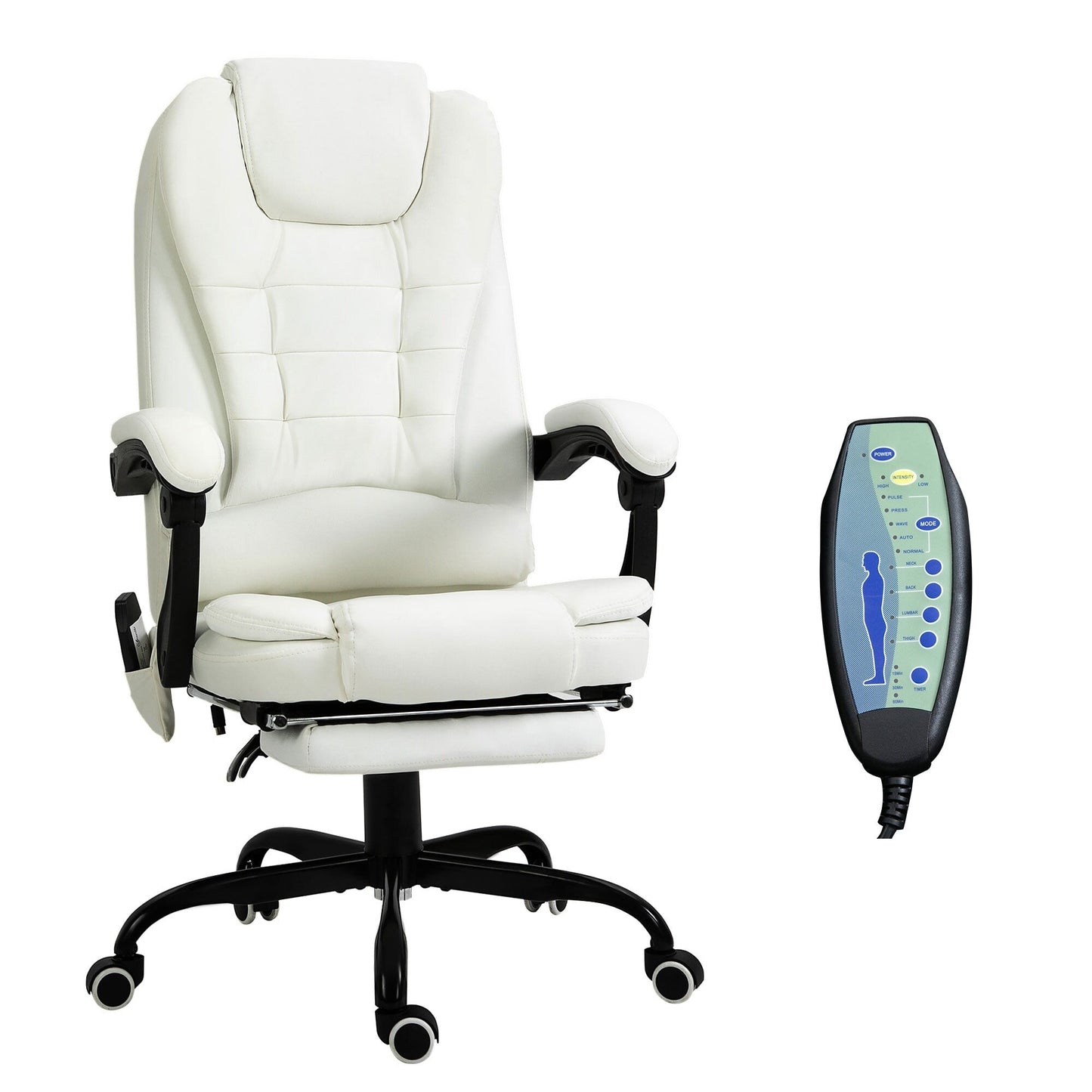 Chaise de bureau en cuir PU blanc avec massage vibrant à 7 points, dossier haut, inclinaison réglable, soutien lombaire et repose-pieds