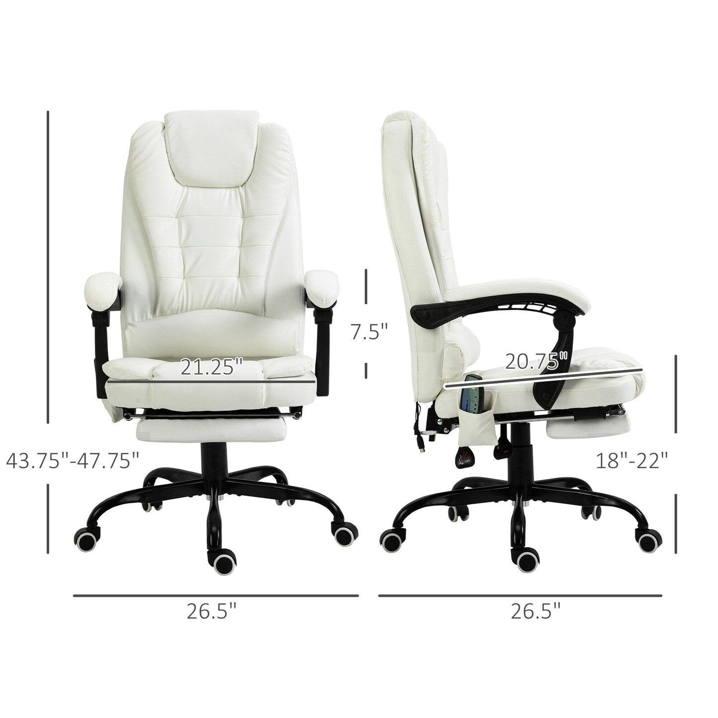 Chaise de bureau en cuir PU blanc avec massage vibrant à 7 points, dossier haut, inclinaison réglable, soutien lombaire et repose-pieds