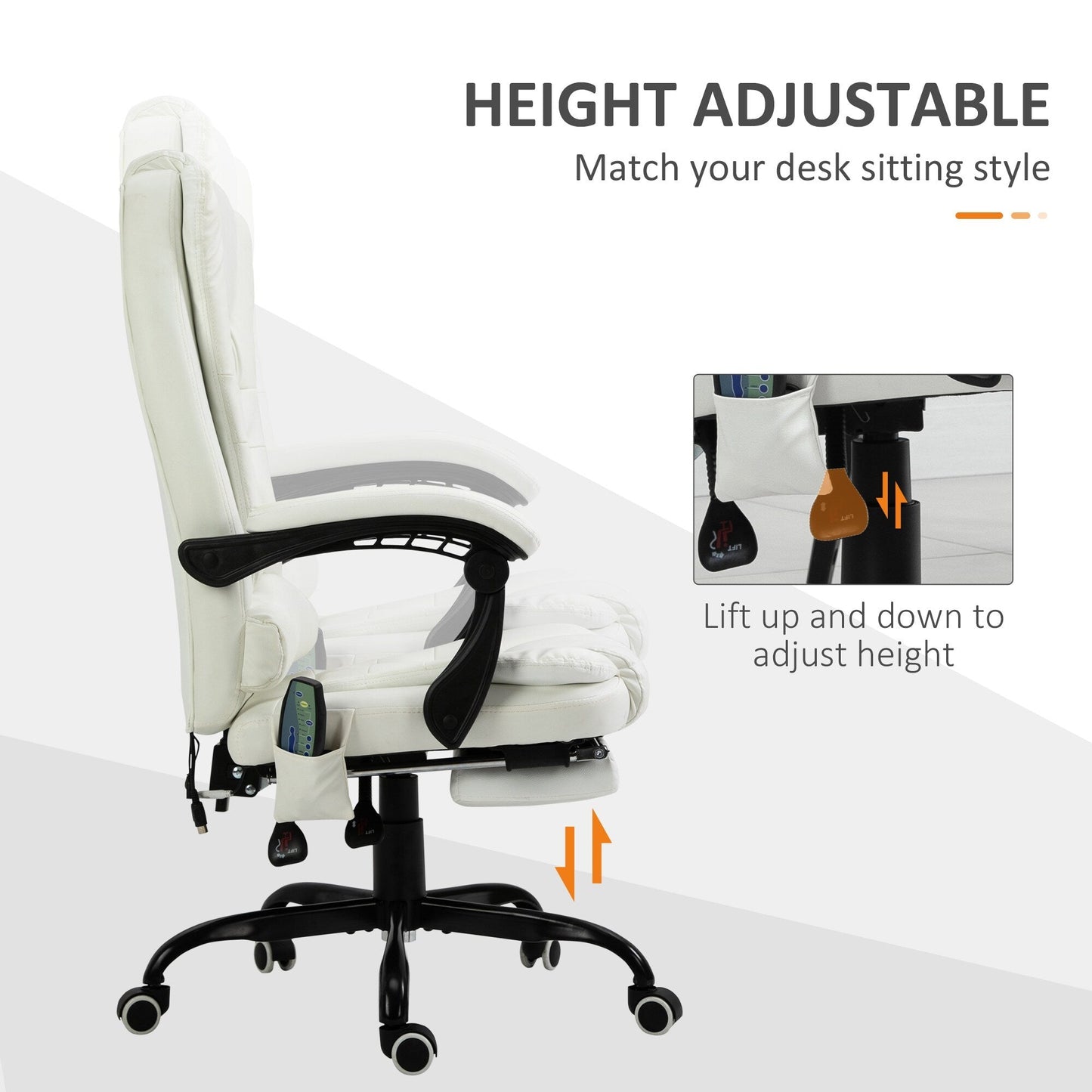 Chaise de bureau en cuir PU blanc avec massage vibrant à 7 points, dossier haut, inclinaison réglable, soutien lombaire et repose-pieds