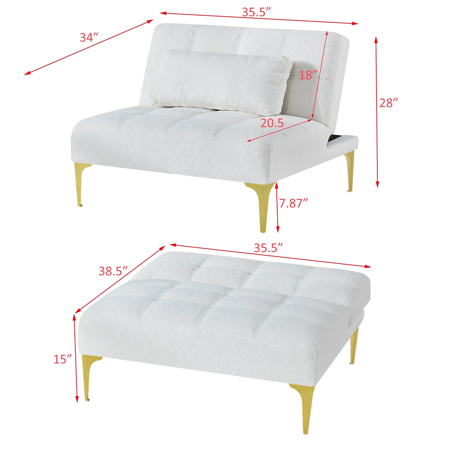Canapé-lit simple modulaire en chenille blanche Teddy avec cadre en bois