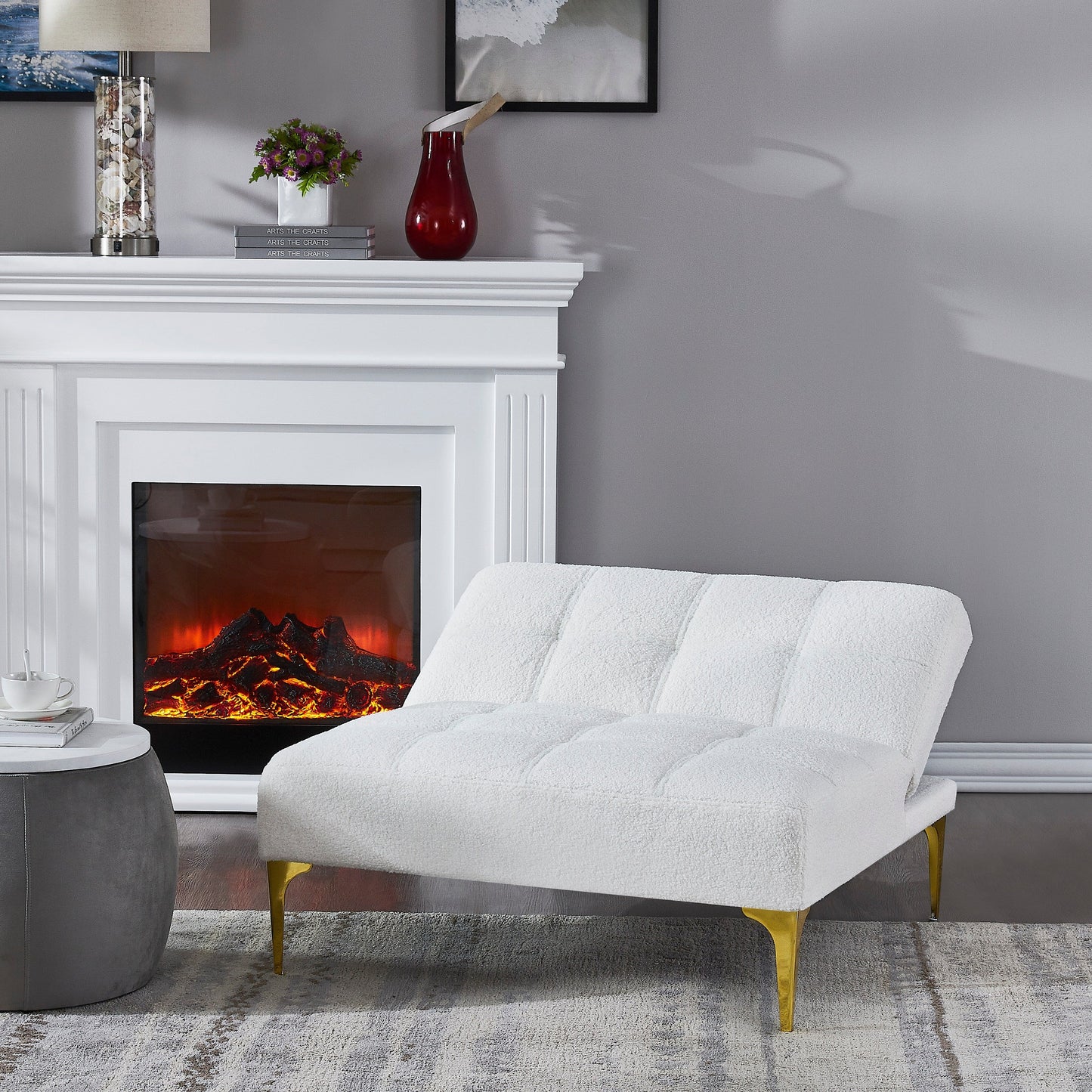 Canapé-lit simple modulaire en chenille blanche Teddy avec cadre en bois