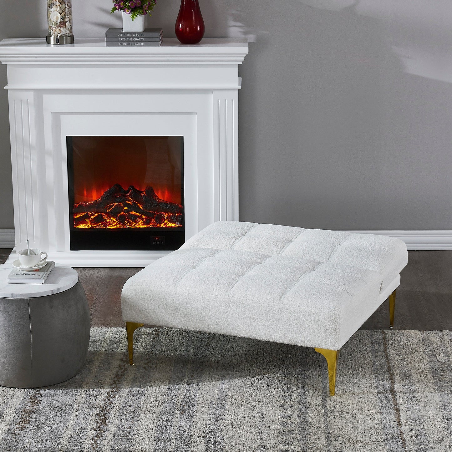 Canapé-lit simple modulaire en chenille blanche Teddy avec cadre en bois