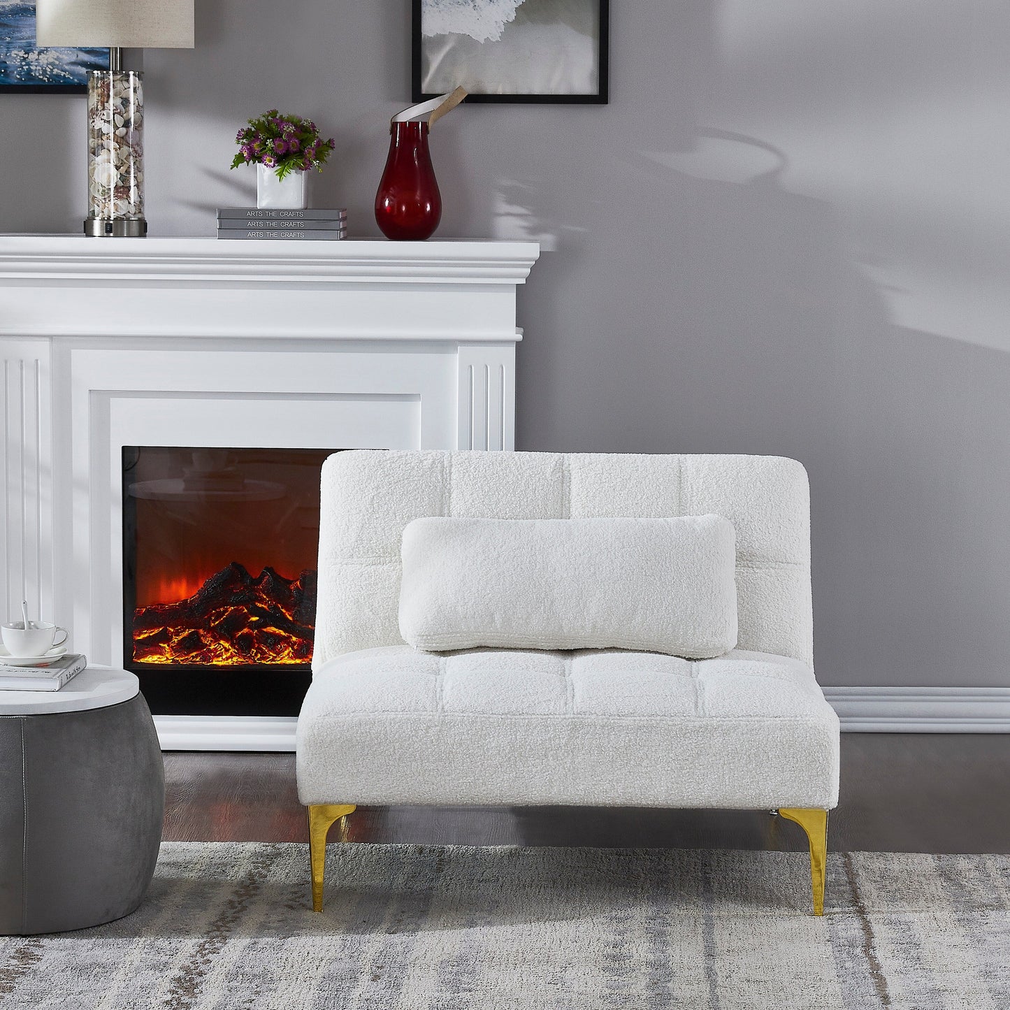 Canapé-lit simple modulaire en chenille blanche Teddy avec cadre en bois