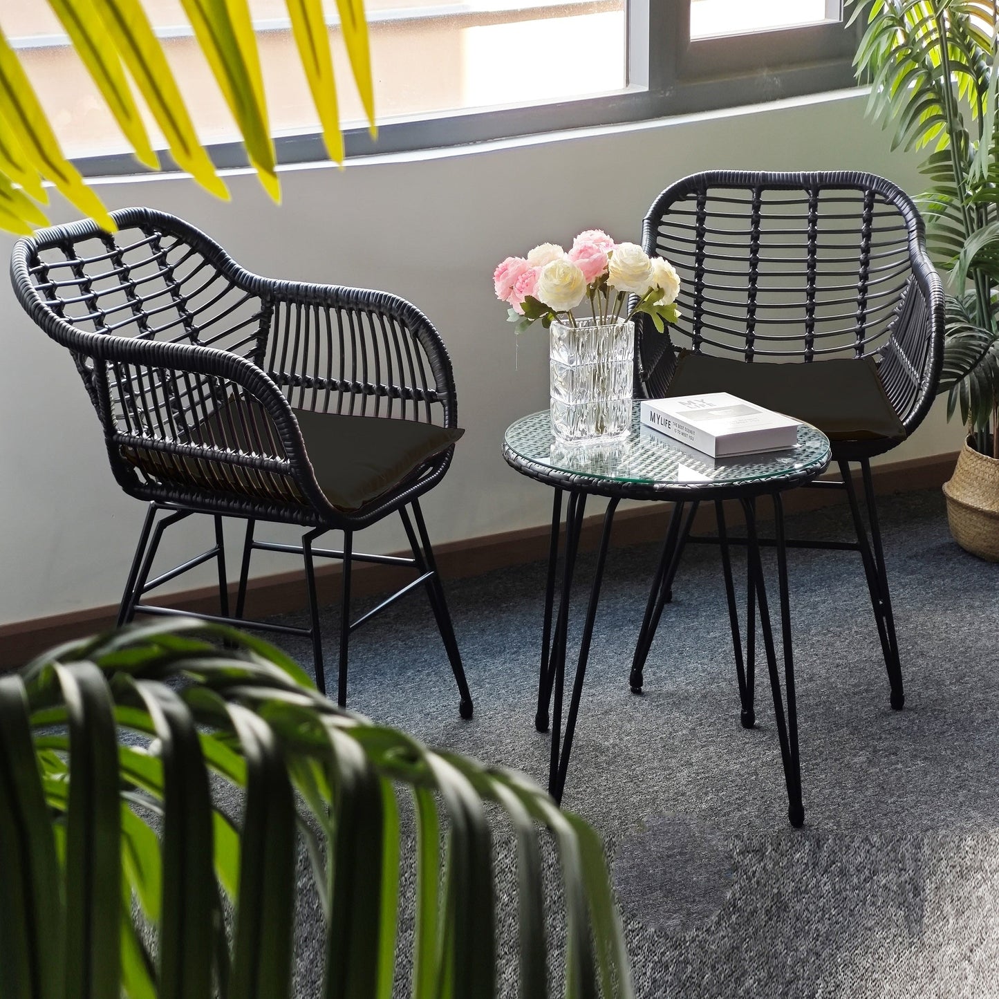 Ensemble de 3 meubles de jardin en osier avec coussins pour terrasse, piscine, jardin - 21,2 L x 23,6 l x 31,5 H