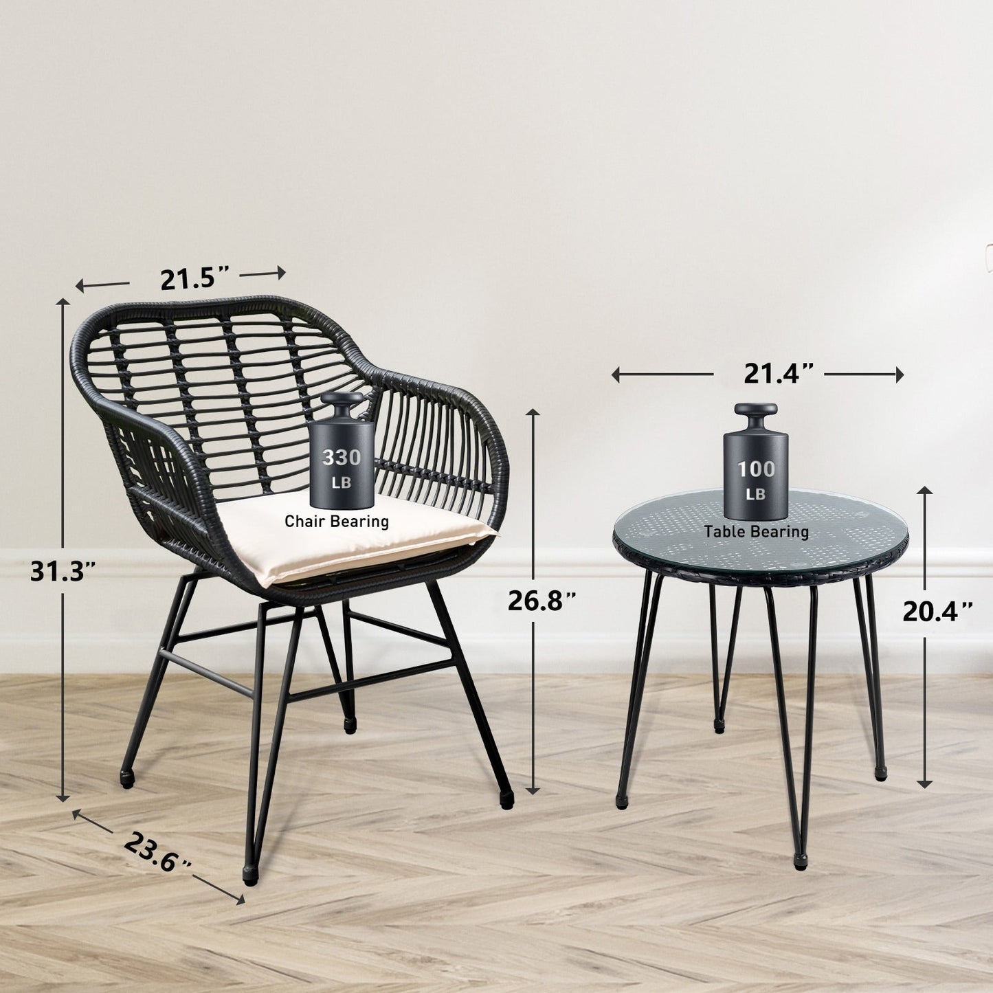 Ensemble de 3 meubles de jardin en osier avec coussins pour terrasse, piscine, jardin - 21,2 L x 23,6 l x 31,5 H