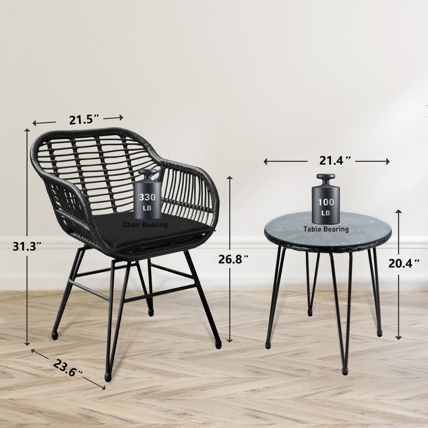 Ensemble de 3 meubles de jardin en osier avec coussins pour terrasse, piscine, jardin - 21,2 L x 23,6 l x 31,5 H