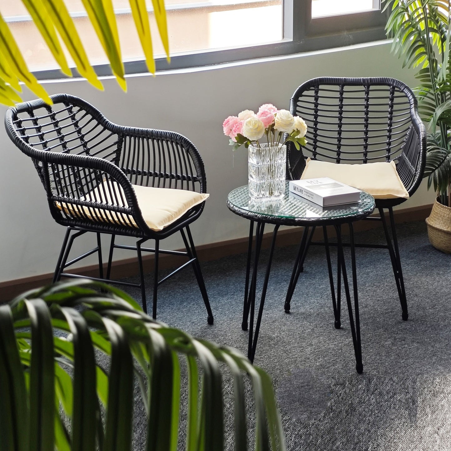 Ensemble de 3 meubles de jardin en osier avec coussins pour terrasse, piscine, jardin - 21,2 L x 23,6 l x 31,5 H