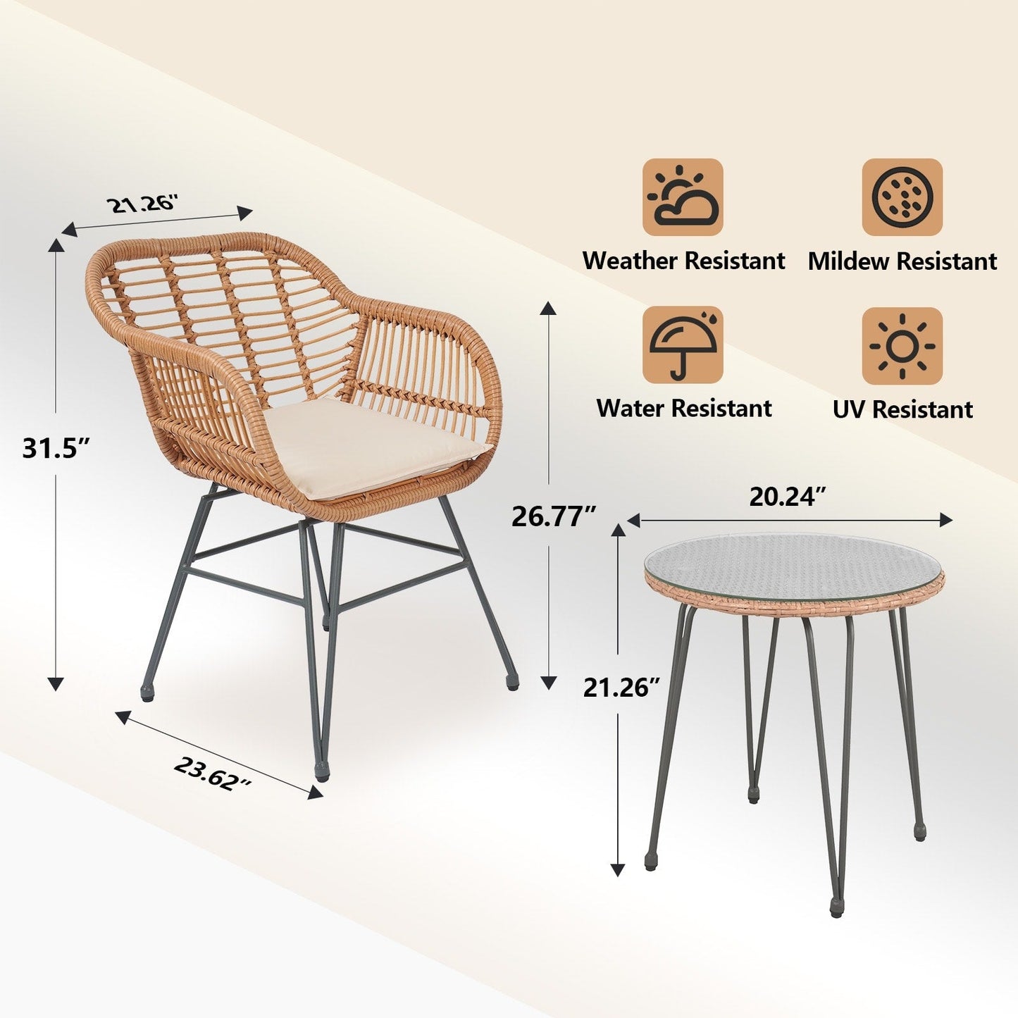 Ensemble de 3 meubles de jardin en osier avec coussins pour terrasse, piscine, jardin - 21,2 L x 23,6 l x 31,5 H