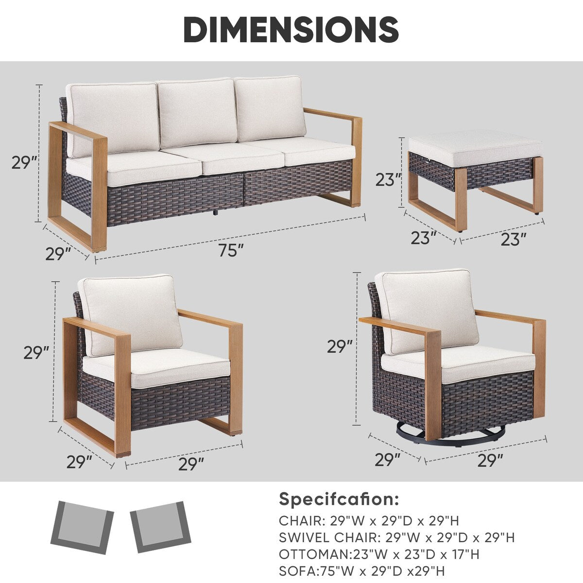 Canapé en osier, fauteuil pivotant en rotin avec fauteuil club et pouf - Marron