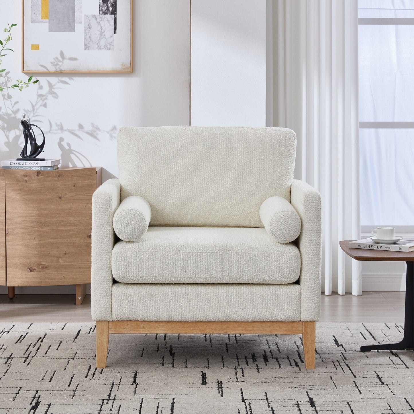 Fauteuil d'appoint moderne et large avec pieds en bois naturel, fauteuil simple et canapé avec deux coussins traversins