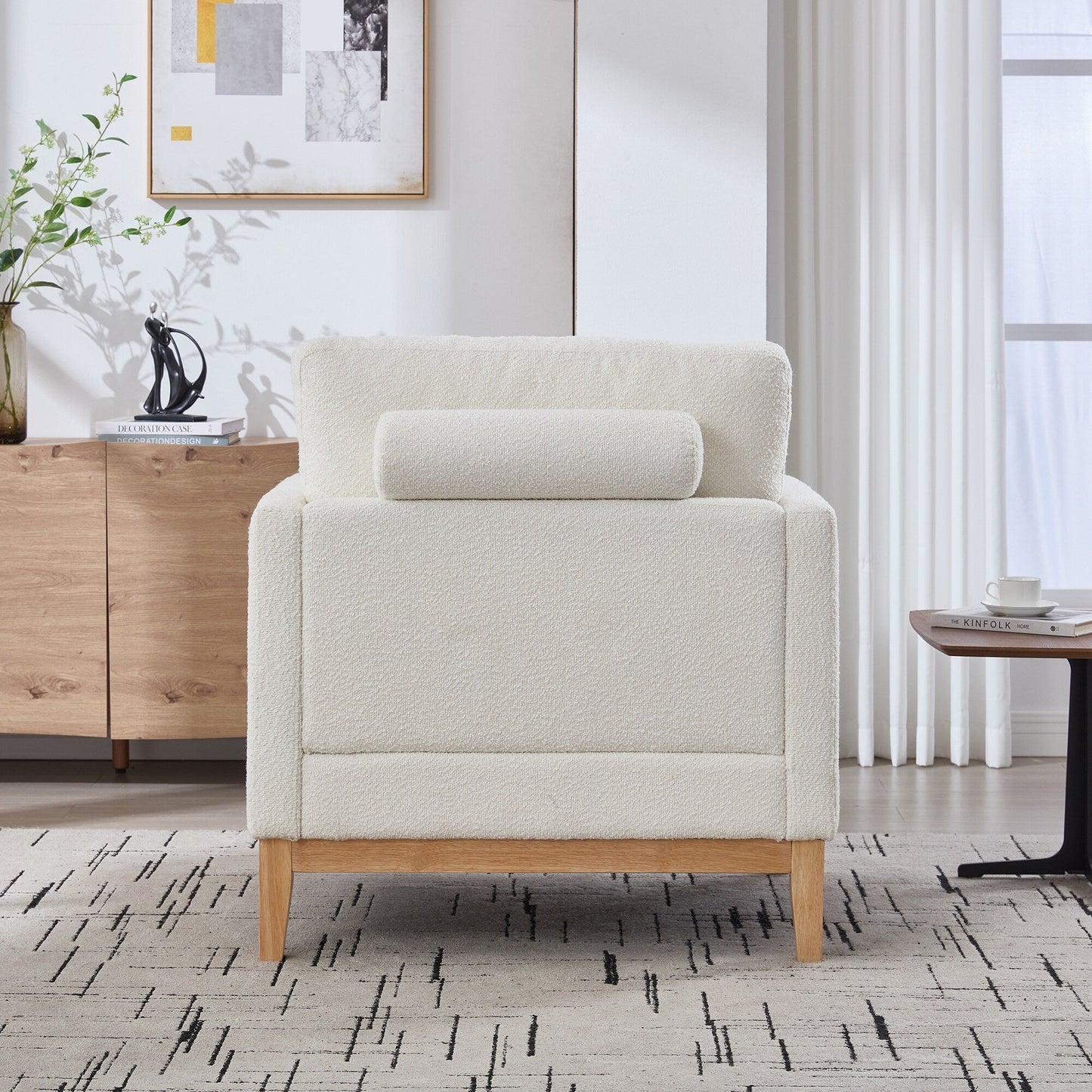 Fauteuil d'appoint moderne et large avec pieds en bois naturel, fauteuil simple et canapé avec deux coussins traversins