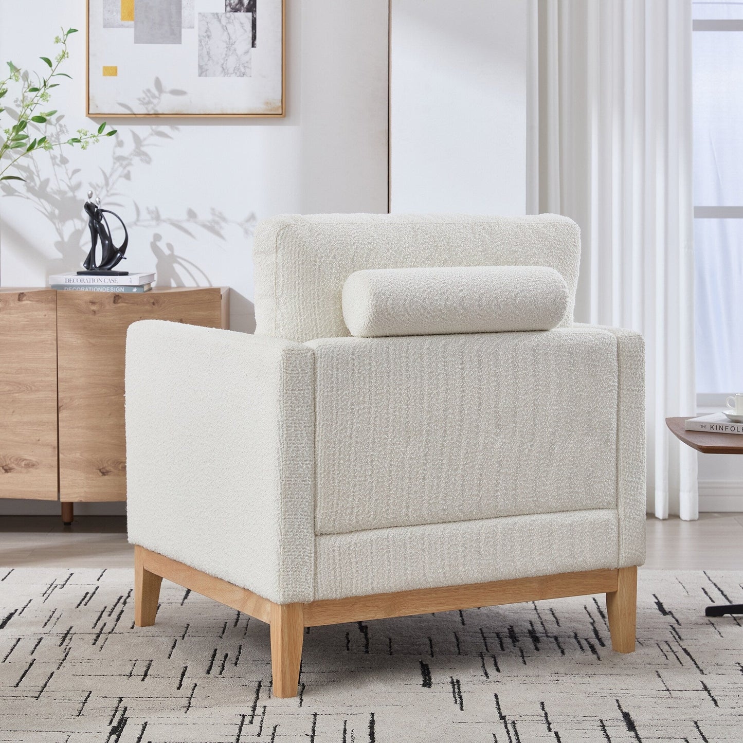 Fauteuil d'appoint moderne et large avec pieds en bois naturel, fauteuil simple et canapé avec deux coussins traversins